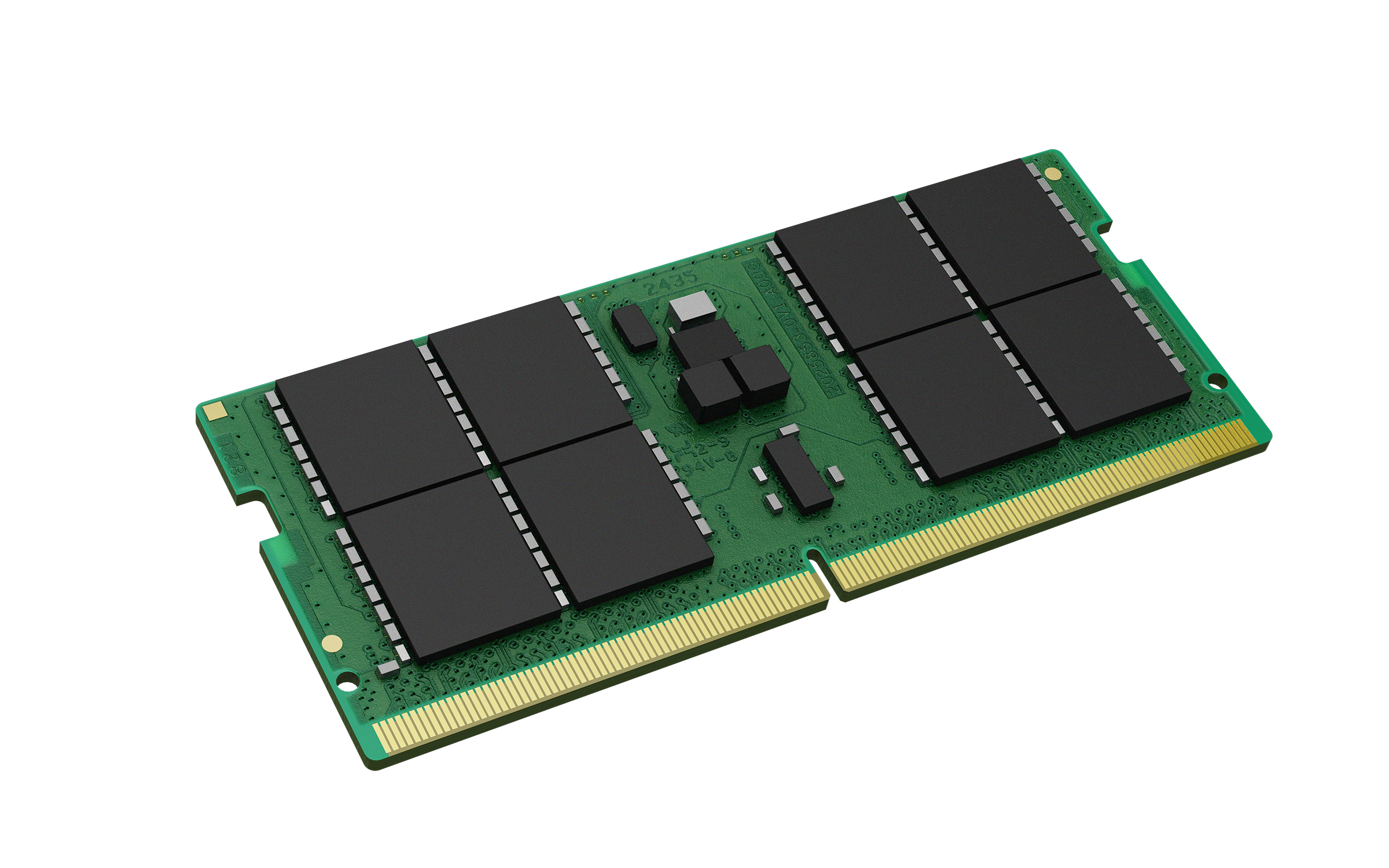 Un modulo RAM verde con chip di memoria neri e contatti dorati.