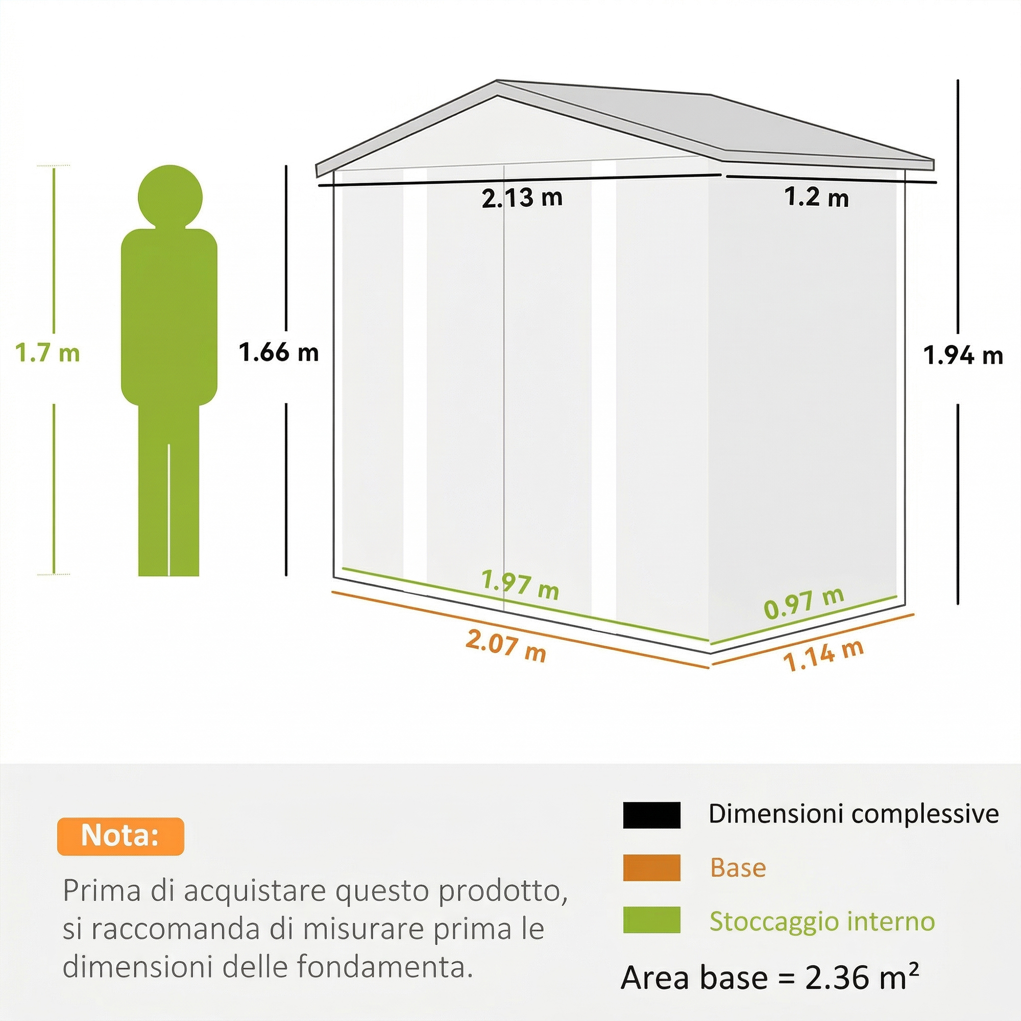 Schema dimensioni capanno con figura umana per confronto di scala.