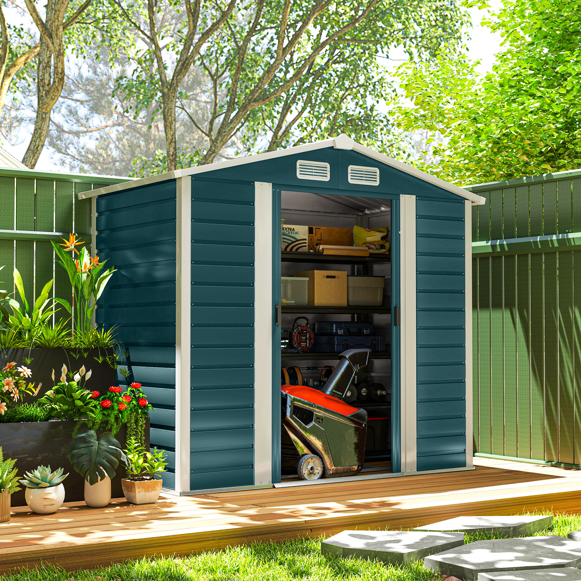 Un capanno da giardino blu con porta aperta, pieno di attrezzi e attrezzature.