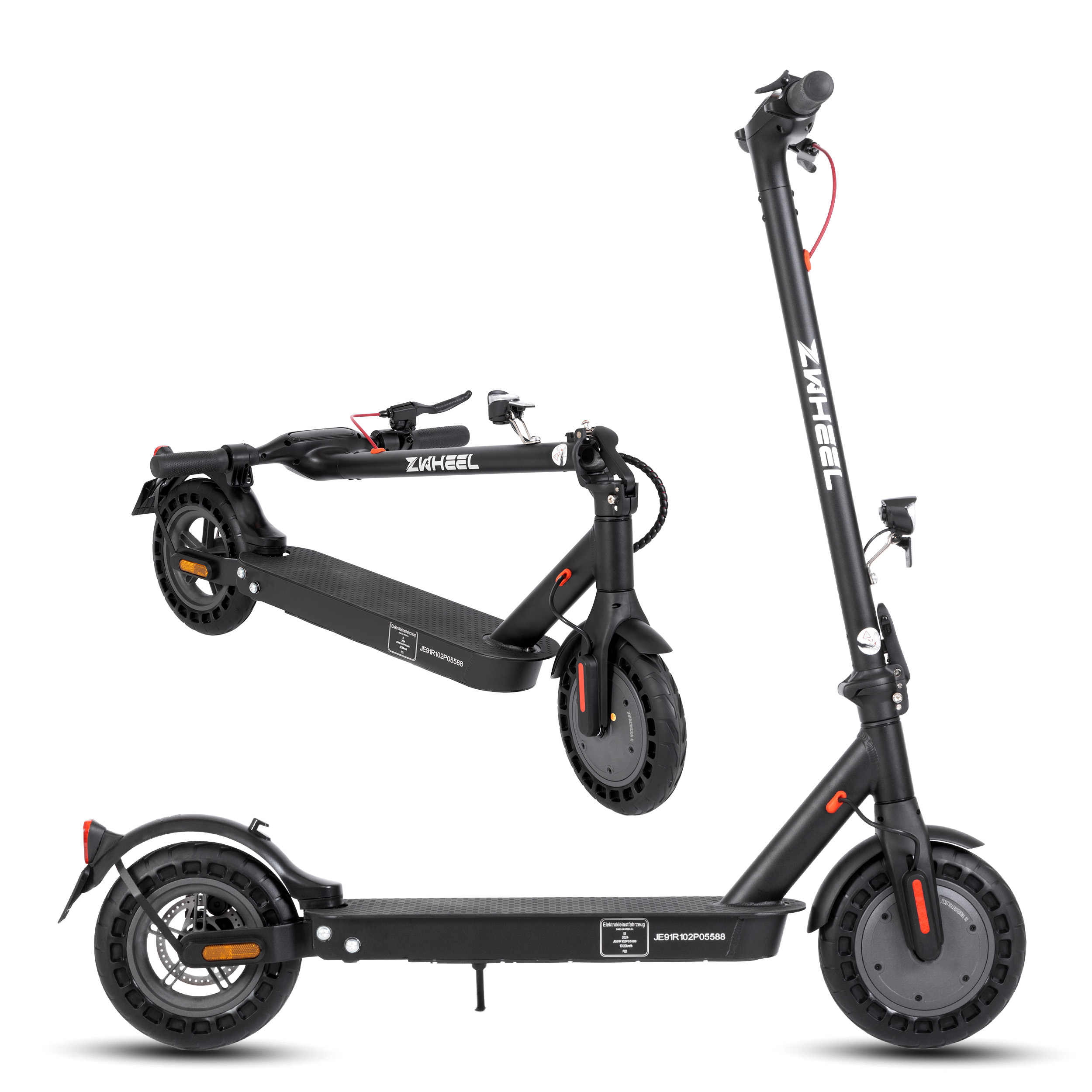 Zwei schwarze Elektro-Scooter, einer aufrecht, einer zusammengeklappt.