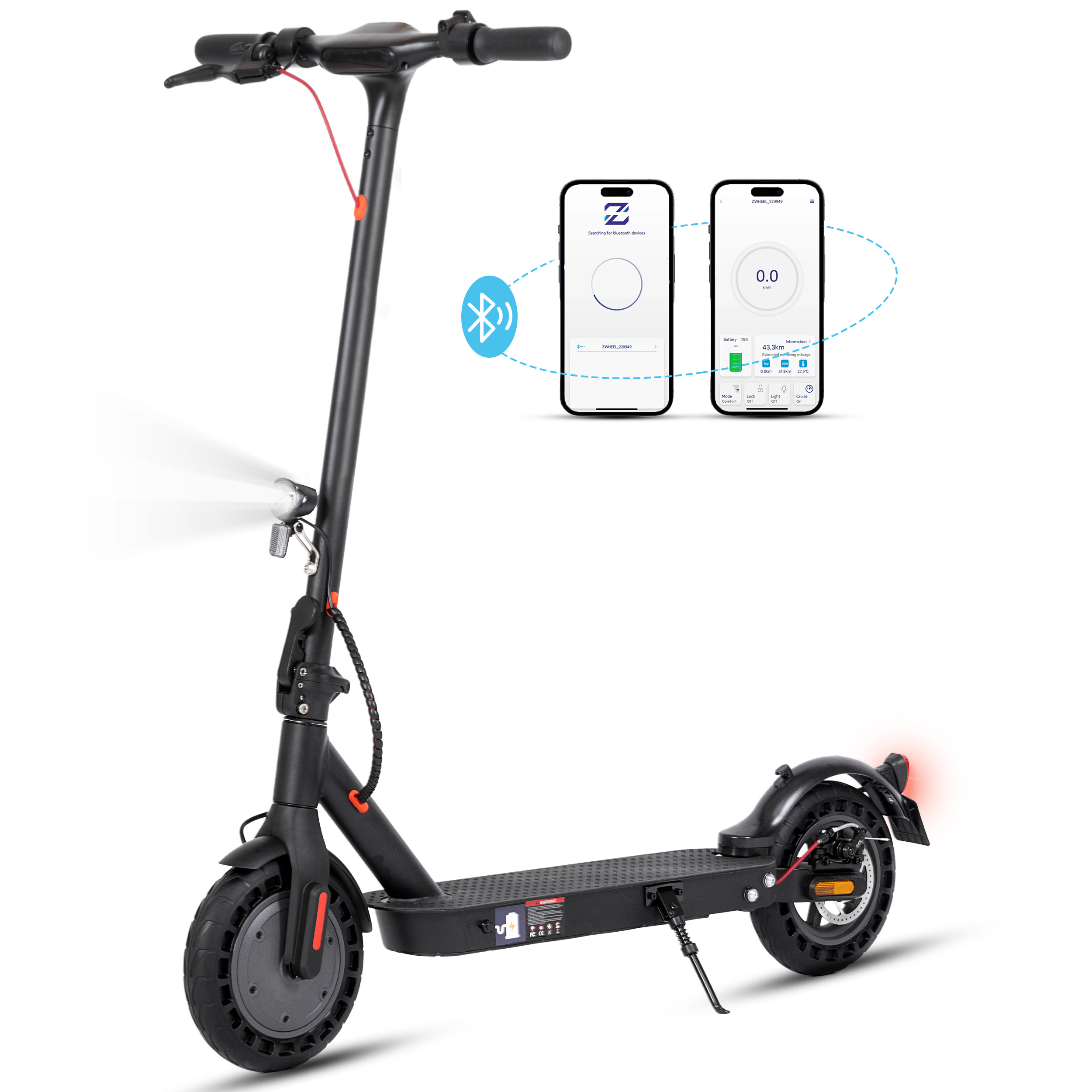 Schwarzer Elektroroller mit Vorderlicht, Display und zwei Smartphone-Bildschirmen.