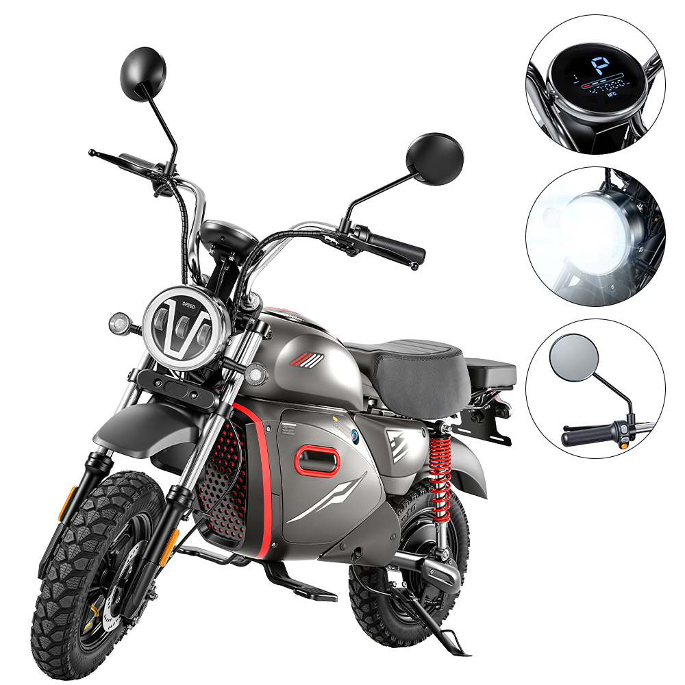 Motocicletta elettrica grigia con faro rotondo, accenti rossi e display digitali.