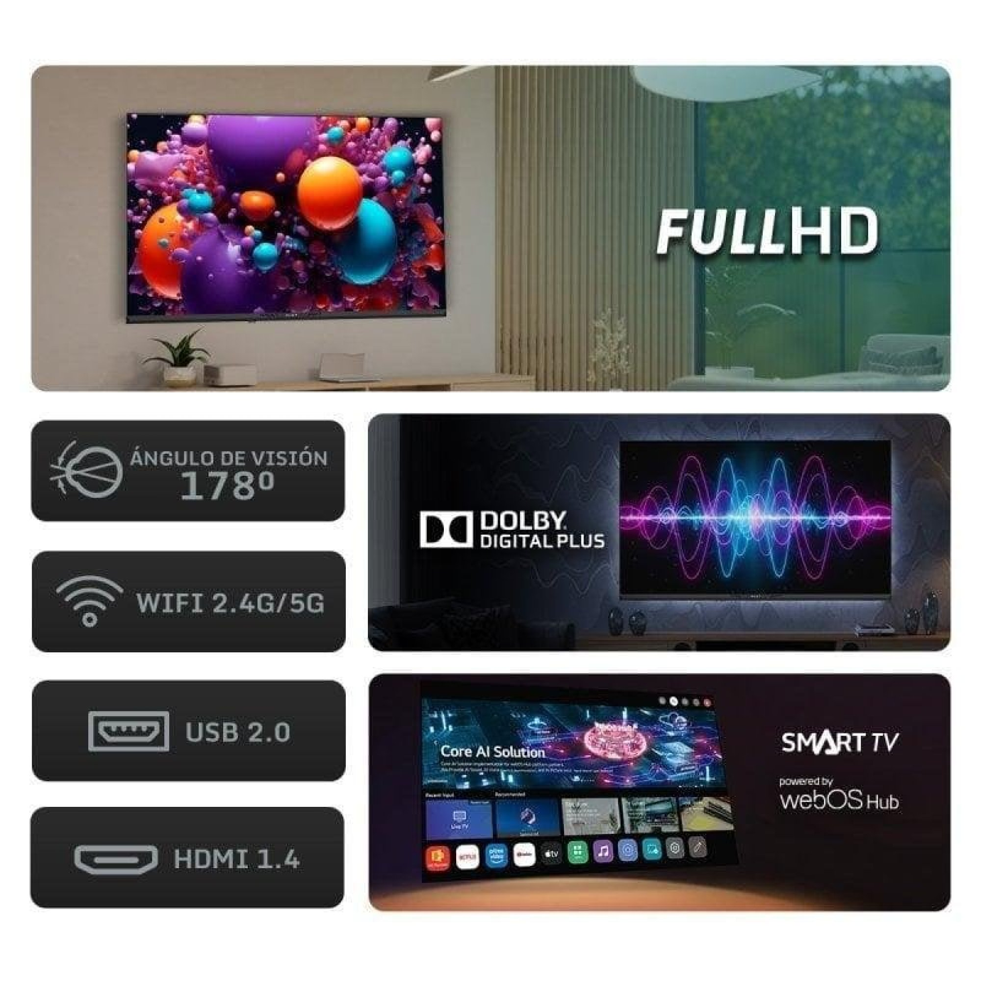 TV moderno con Full HD, Dolby Digital Plus, Smart TV con WebOS.