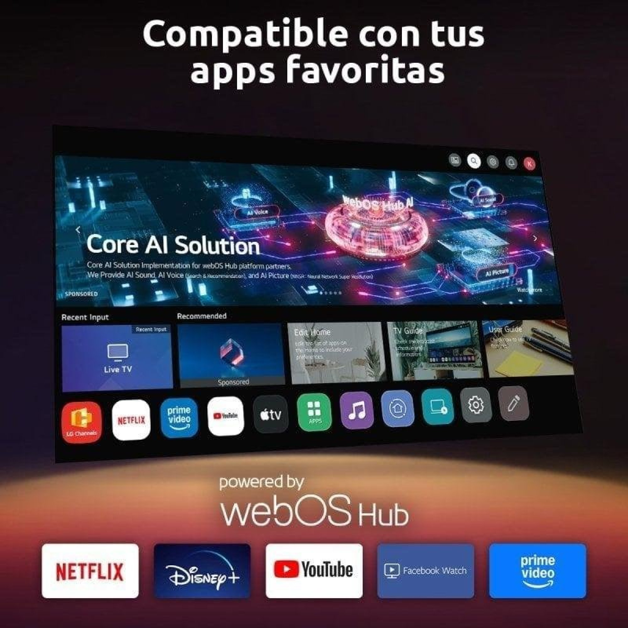 Uno schermo TV mostra l'interfaccia WebOS Hub con icone di app e testo.