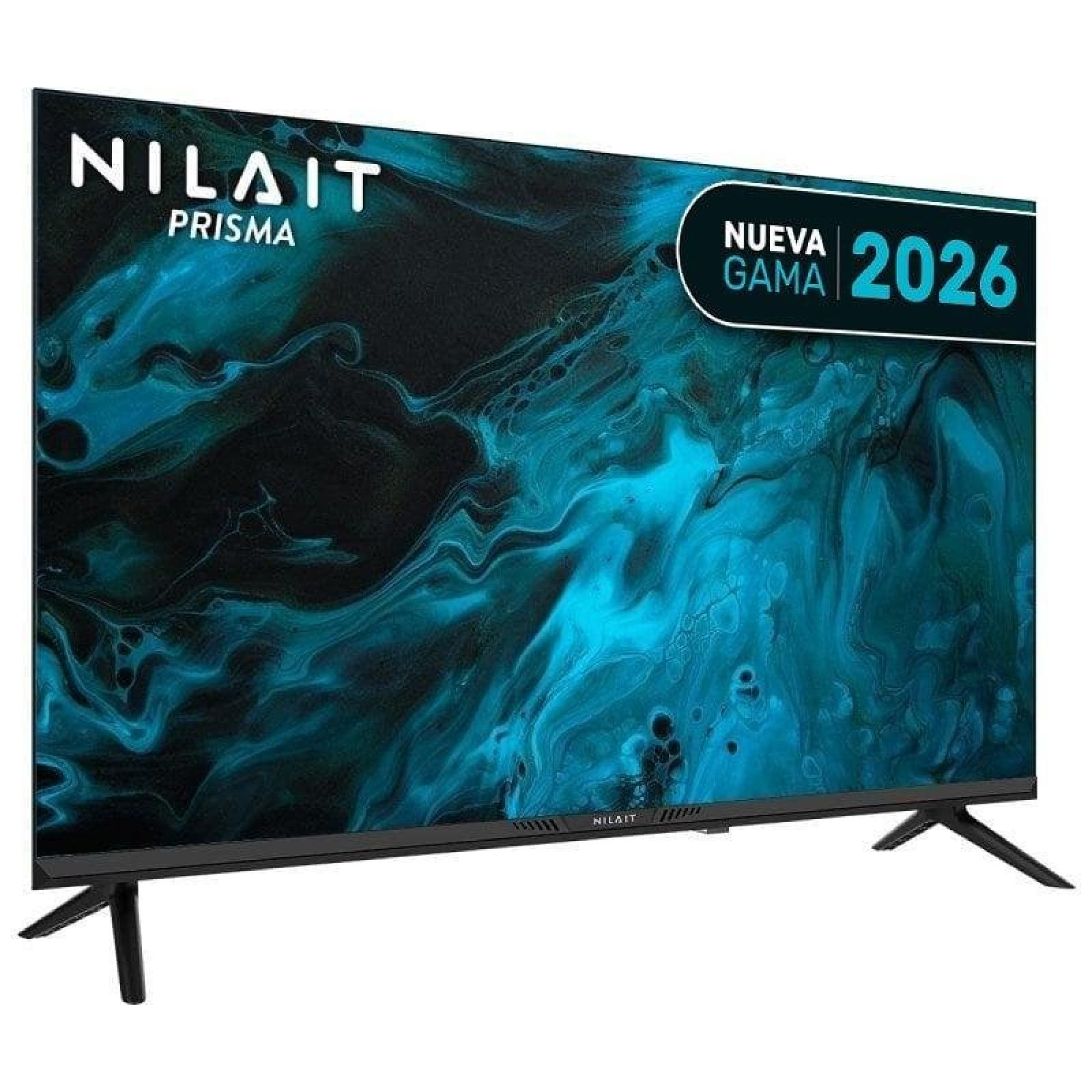 Uno schermo TV nero mostra un design astratto blu e nero. Testo: NILAIT PRISMA.
