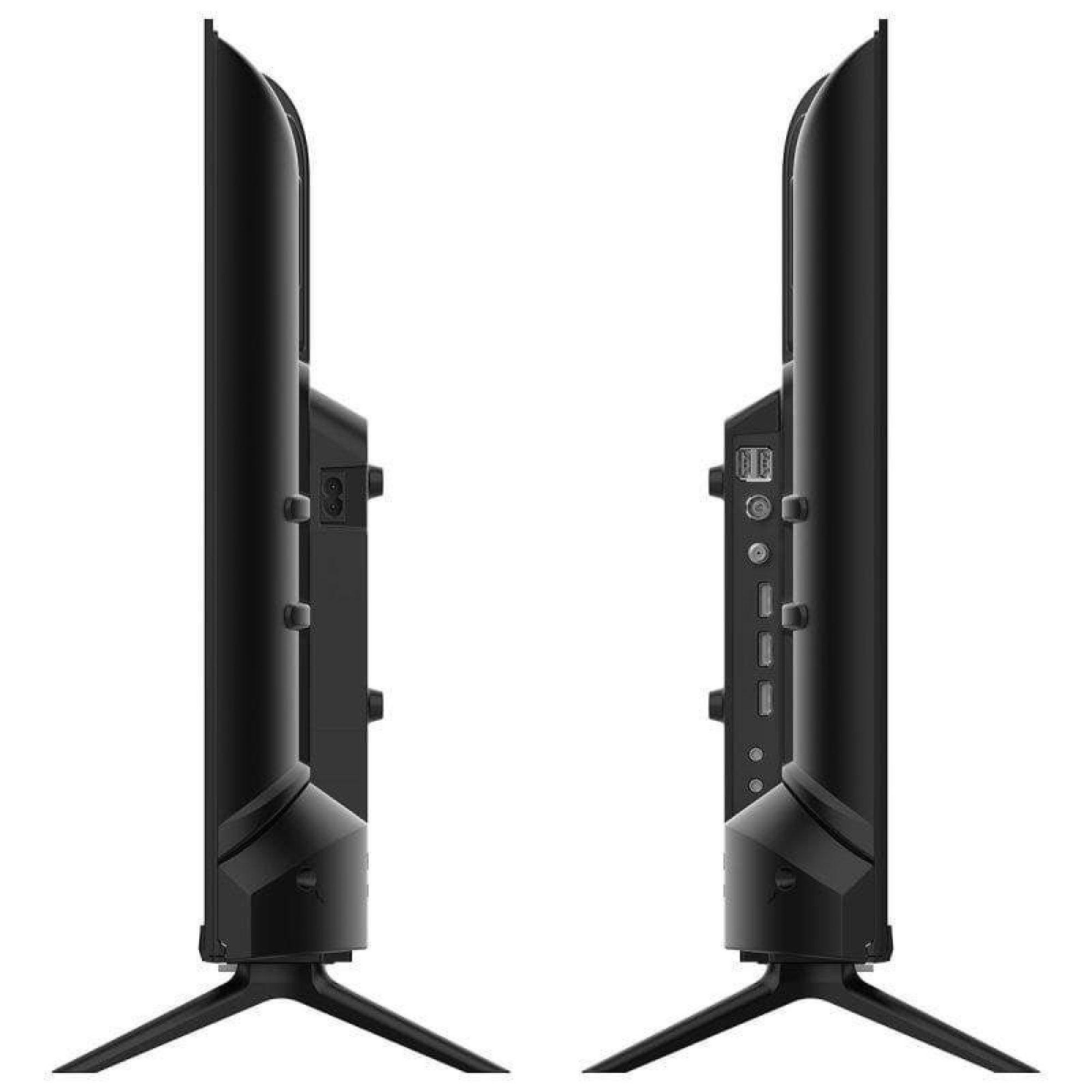 Due TV neri visti di lato, con porte visibili sul lato destro.