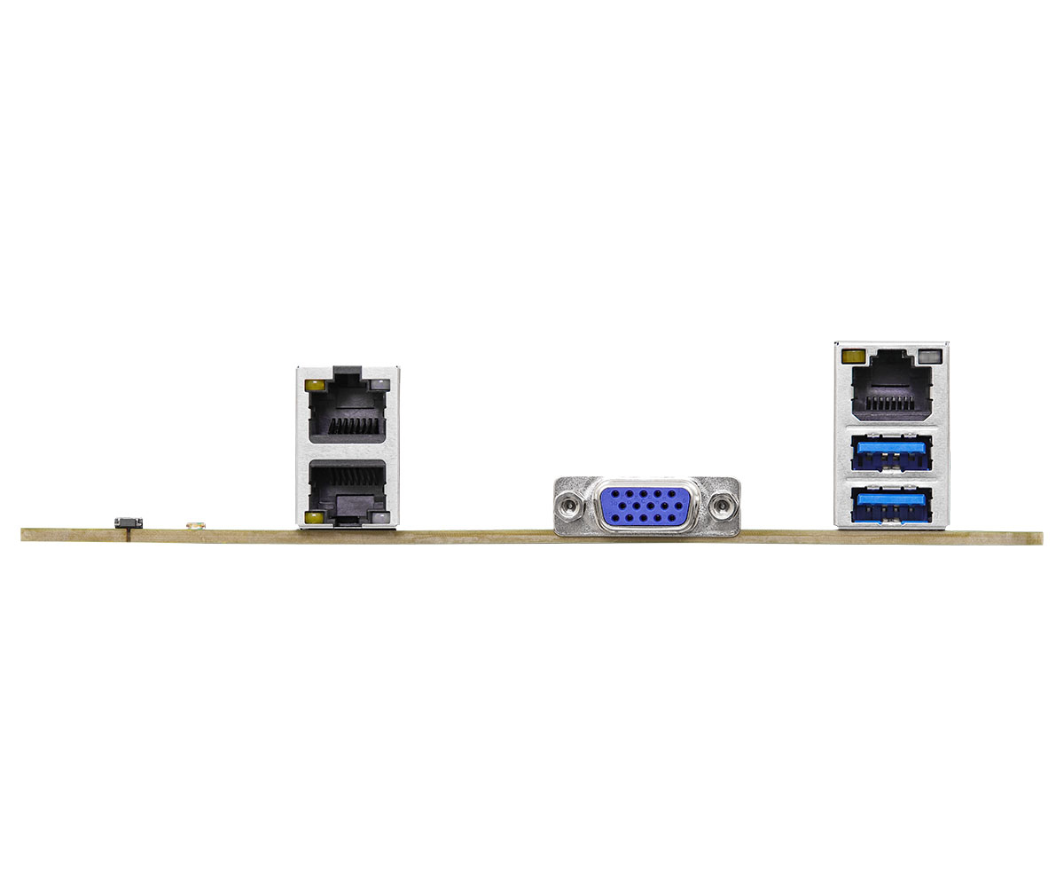Pannello posteriore con 2x RJ45, 1x VGA e 2x porte USB 3.0 su circuito stampato.
