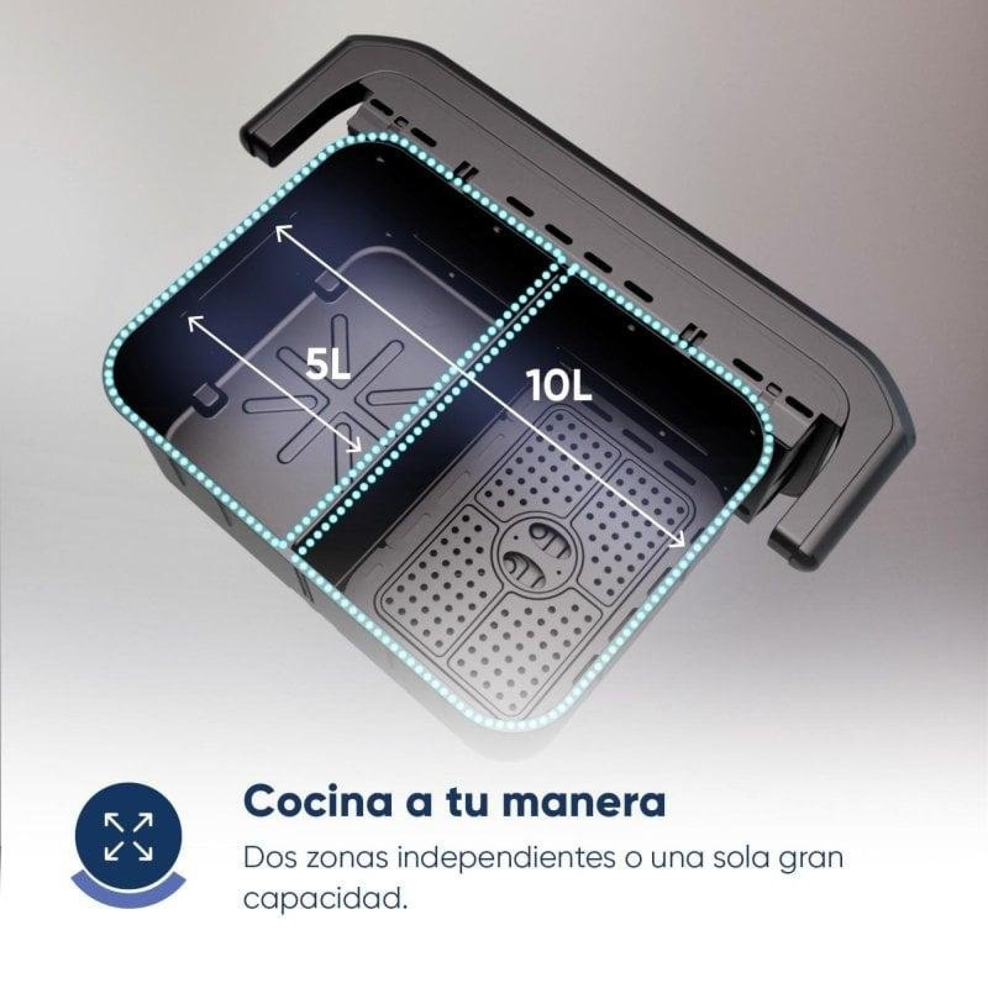 Un cestello nero per friggitrice ad aria doppia con segni da 5L e 10L.