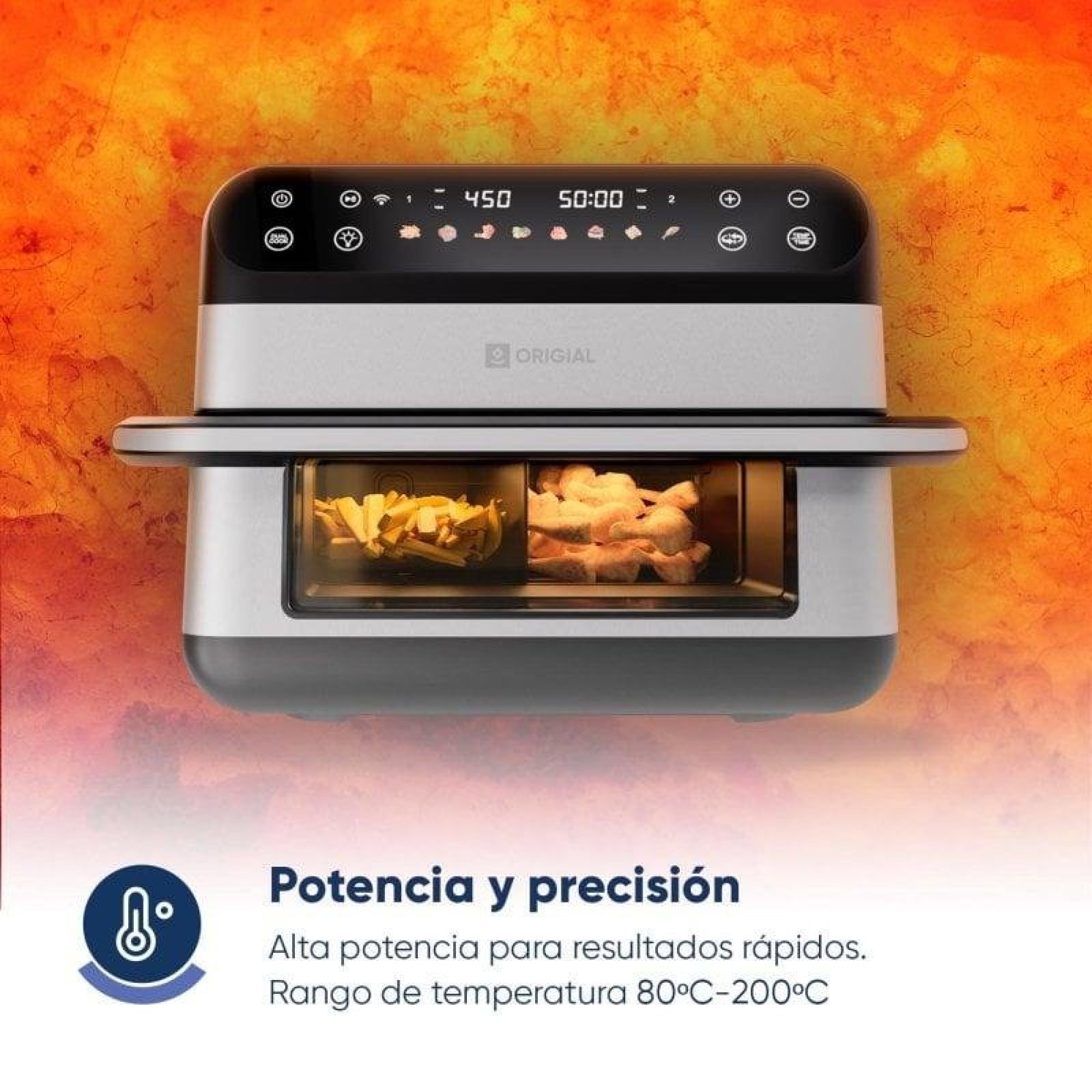 Una friggitrice ad aria moderna a due scomparti, piena di patatine e pollo.