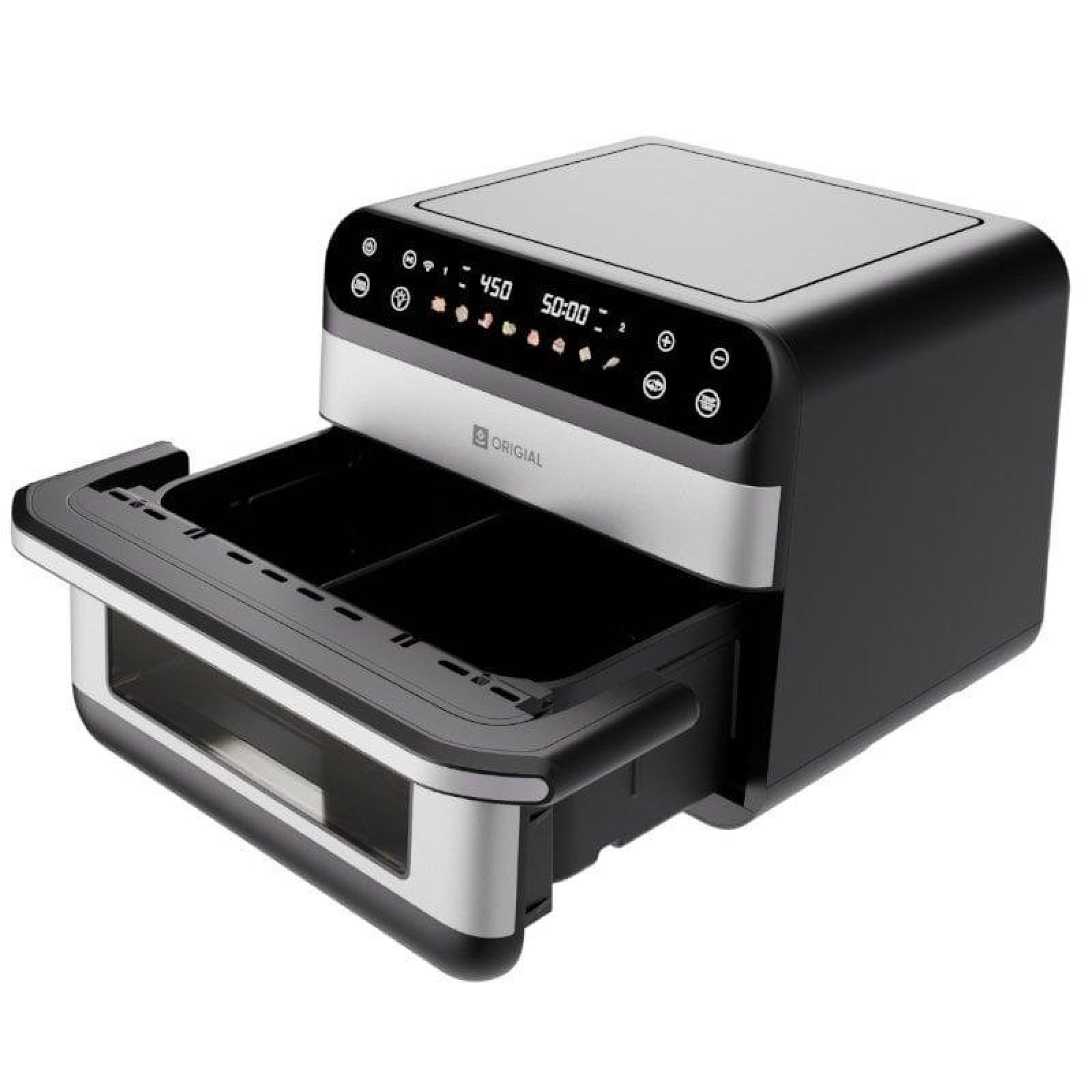 Friggitrice ad aria nera a doppio cestello con display digitale.