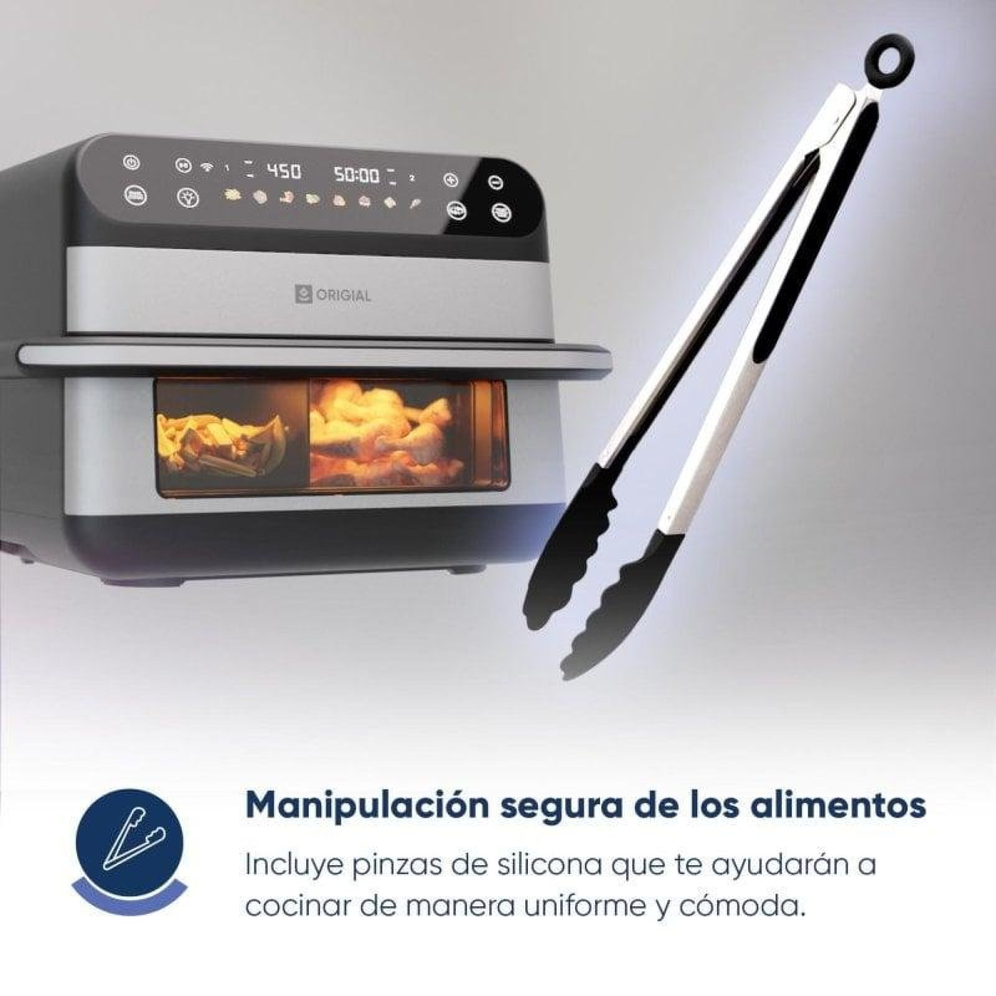 Una friggitrice ad aria con display digitale e pinze da cucina accanto.
