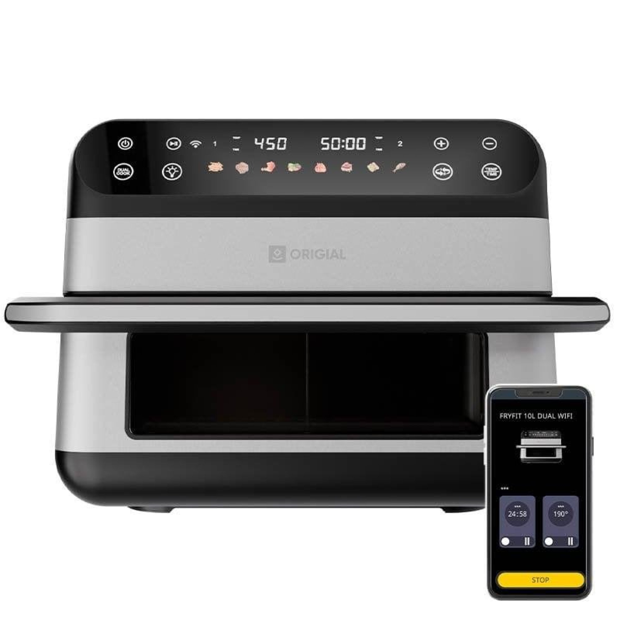 Un forno friggitrice ad aria argento e nero con interfaccia touchscreen e uno smartphone accanto.