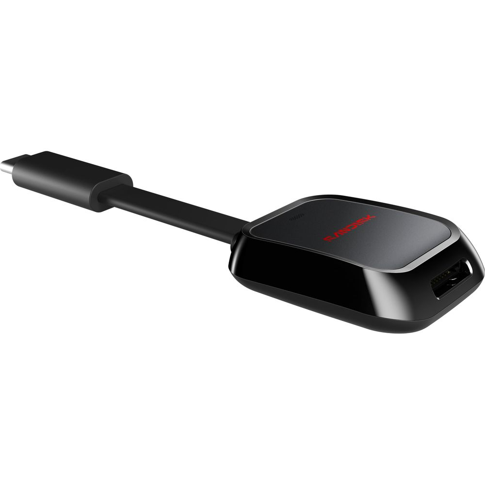 Adattatore USB-C nero con logo SanDisk rosso e una porta USB-A.