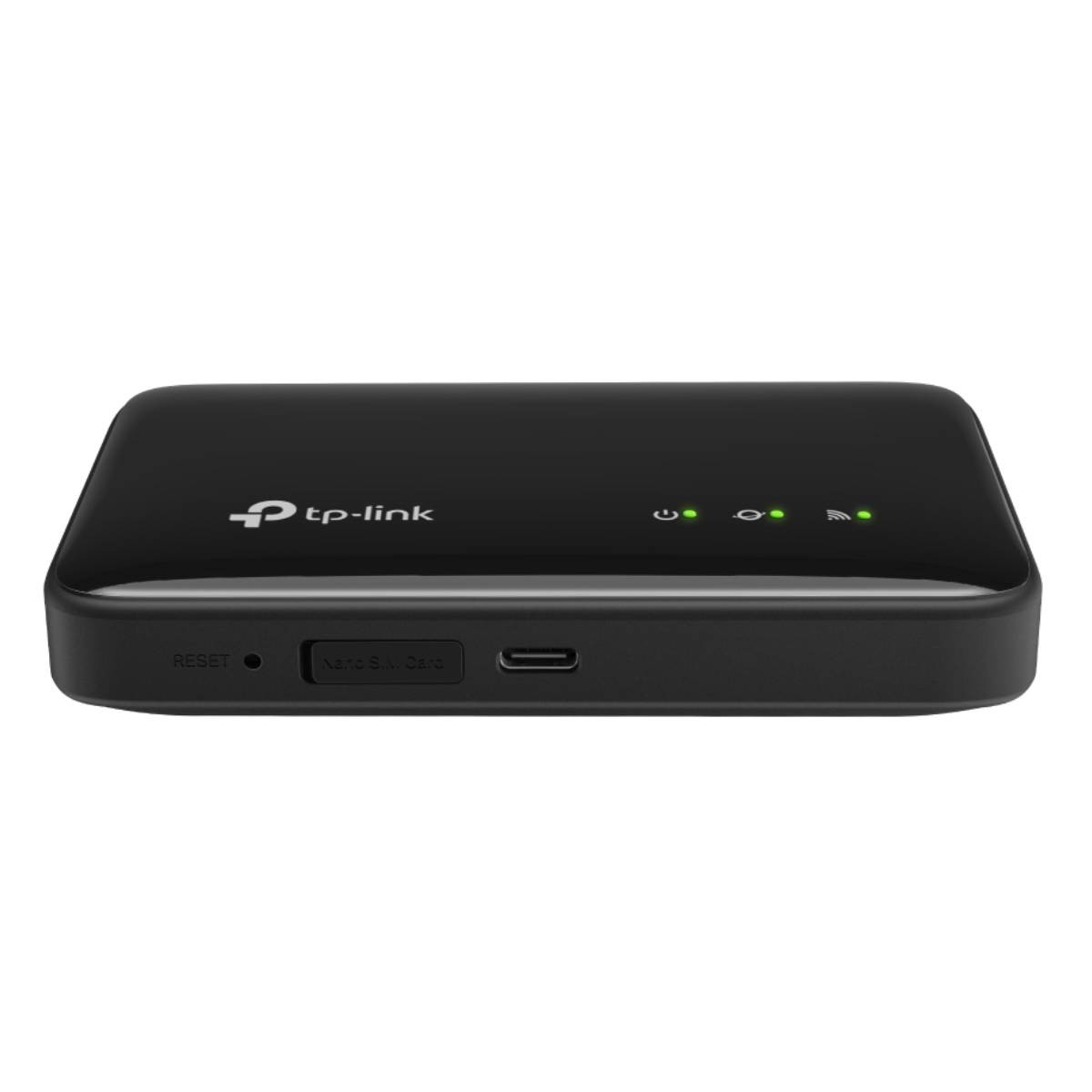 SIM kart yuvası, sıfırlama düğmesi ve USB-C bağlantı noktasına sahip siyah TP-Link yönlendirici.
