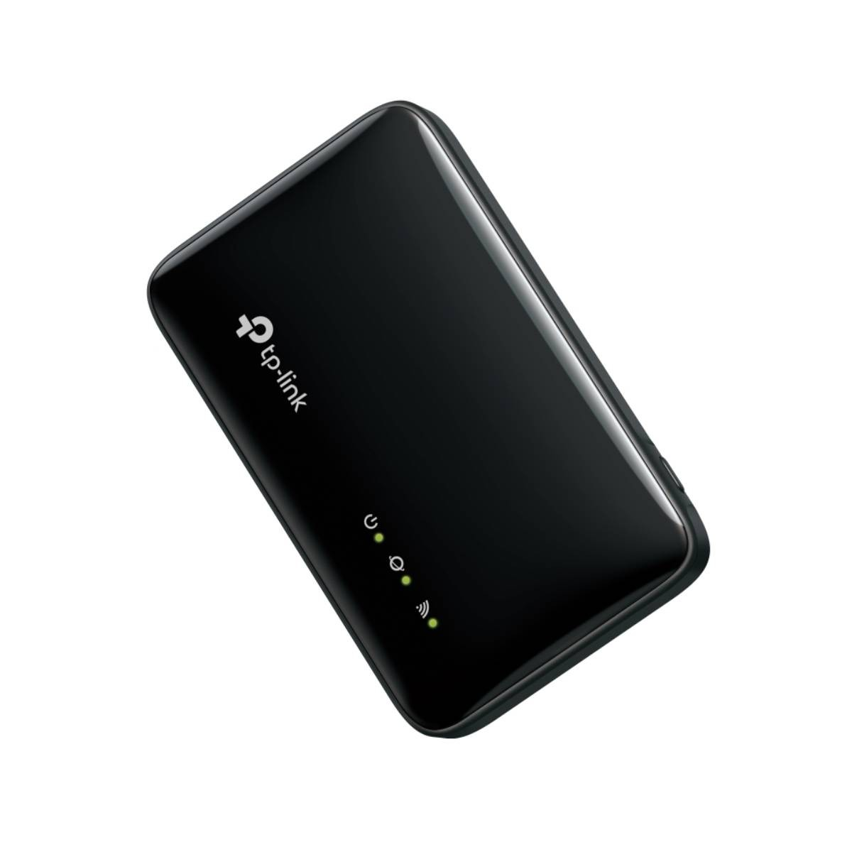 Şarj göstergeleri ve Wi-Fi sembolü olan siyah TP-Link Wi-Fi yönlendirici.