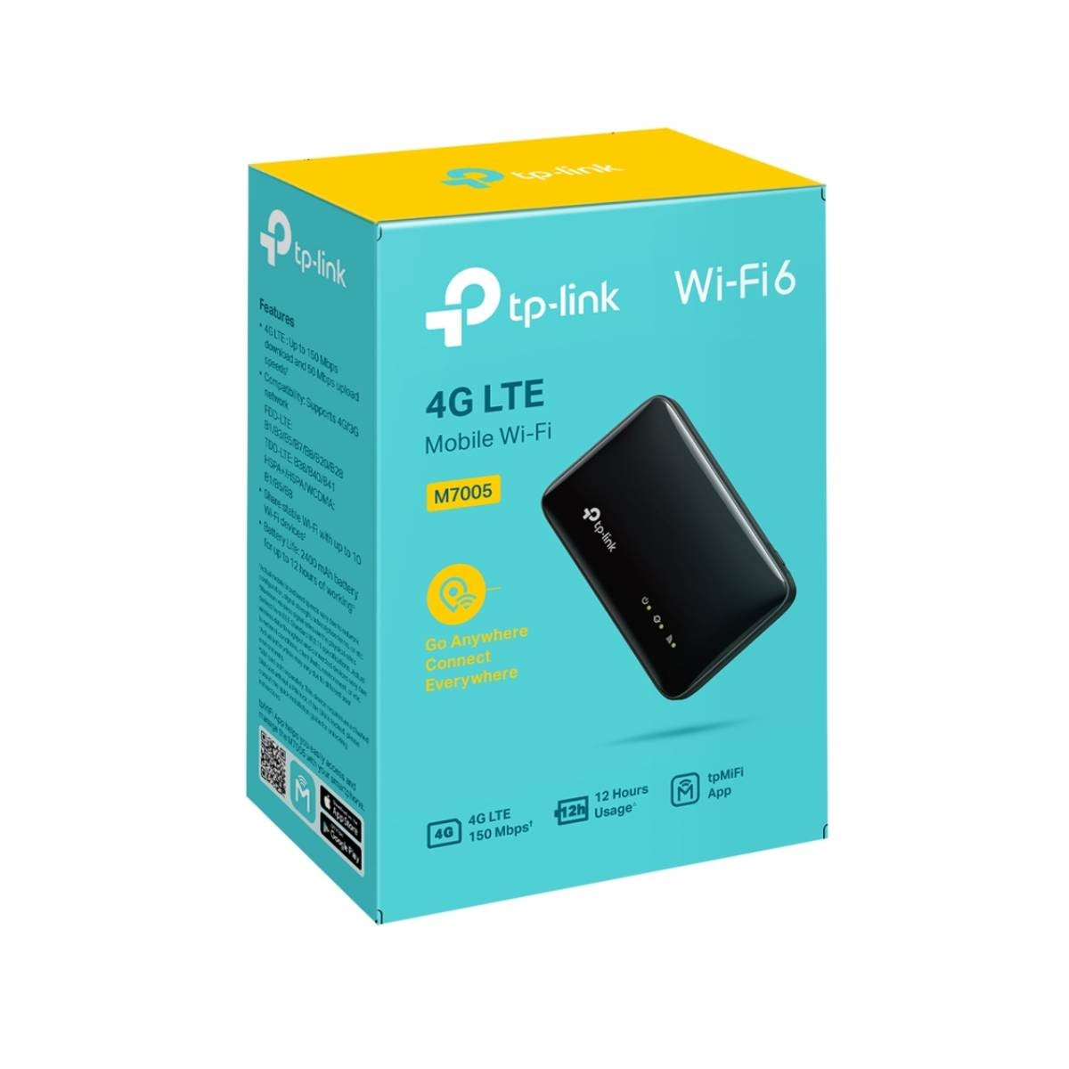 TP-Link 4G LTE Mobil Wi-Fi M7005 kutusu, cihaz resmi ve özellikleriyle.