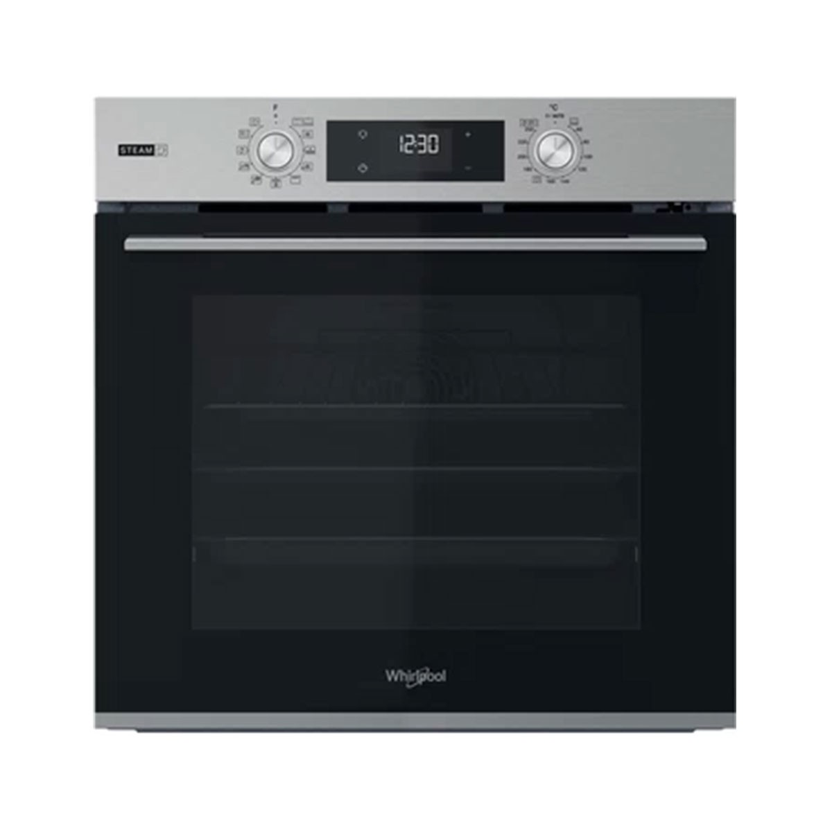 Un forno da incasso moderno con finitura in acciaio inox e porta in vetro nero.