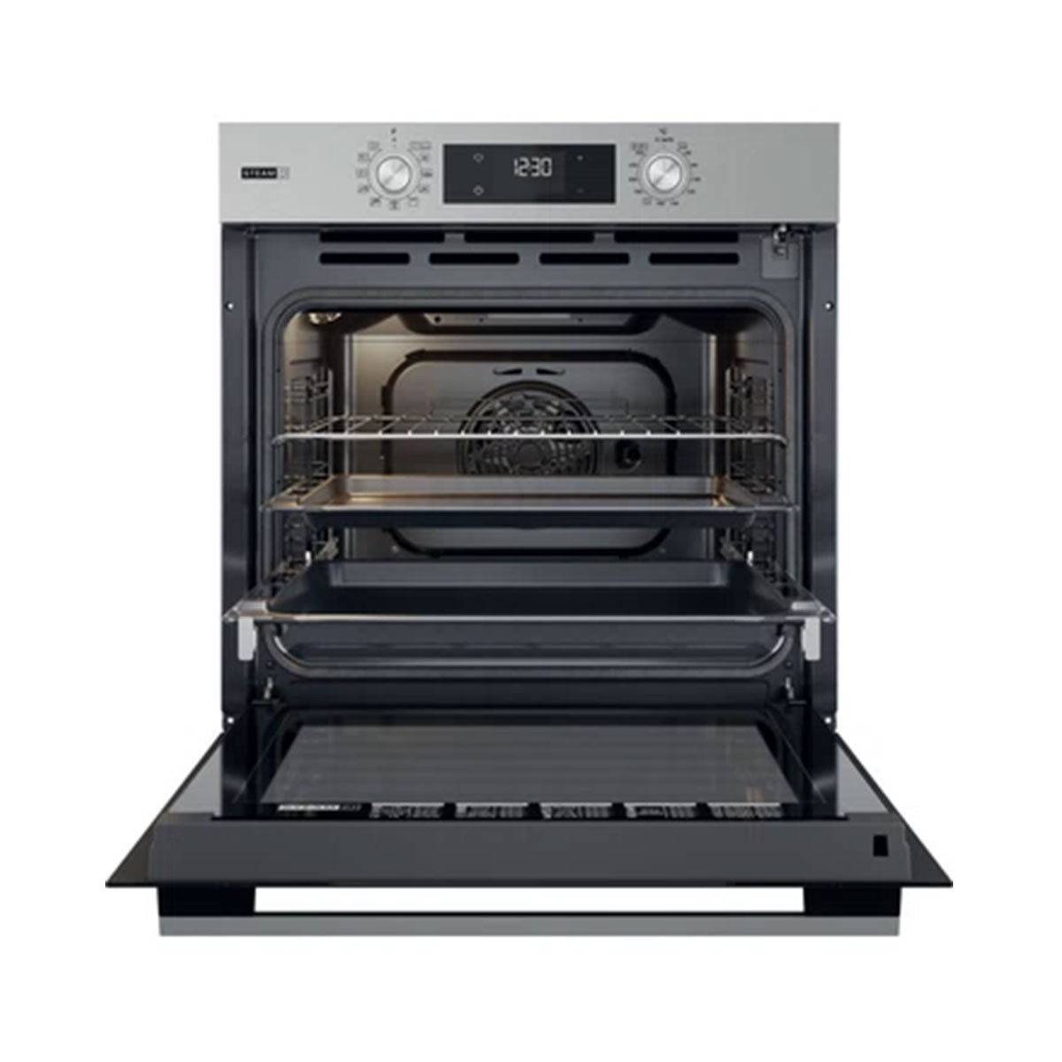 Un forno da incasso moderno con la porta aperta, che mostra l'interno.