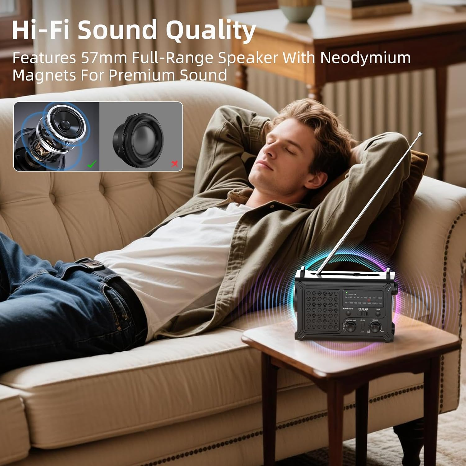 Hombre relajándose en sofá, con radio en mesa. Detalles de altavoz.