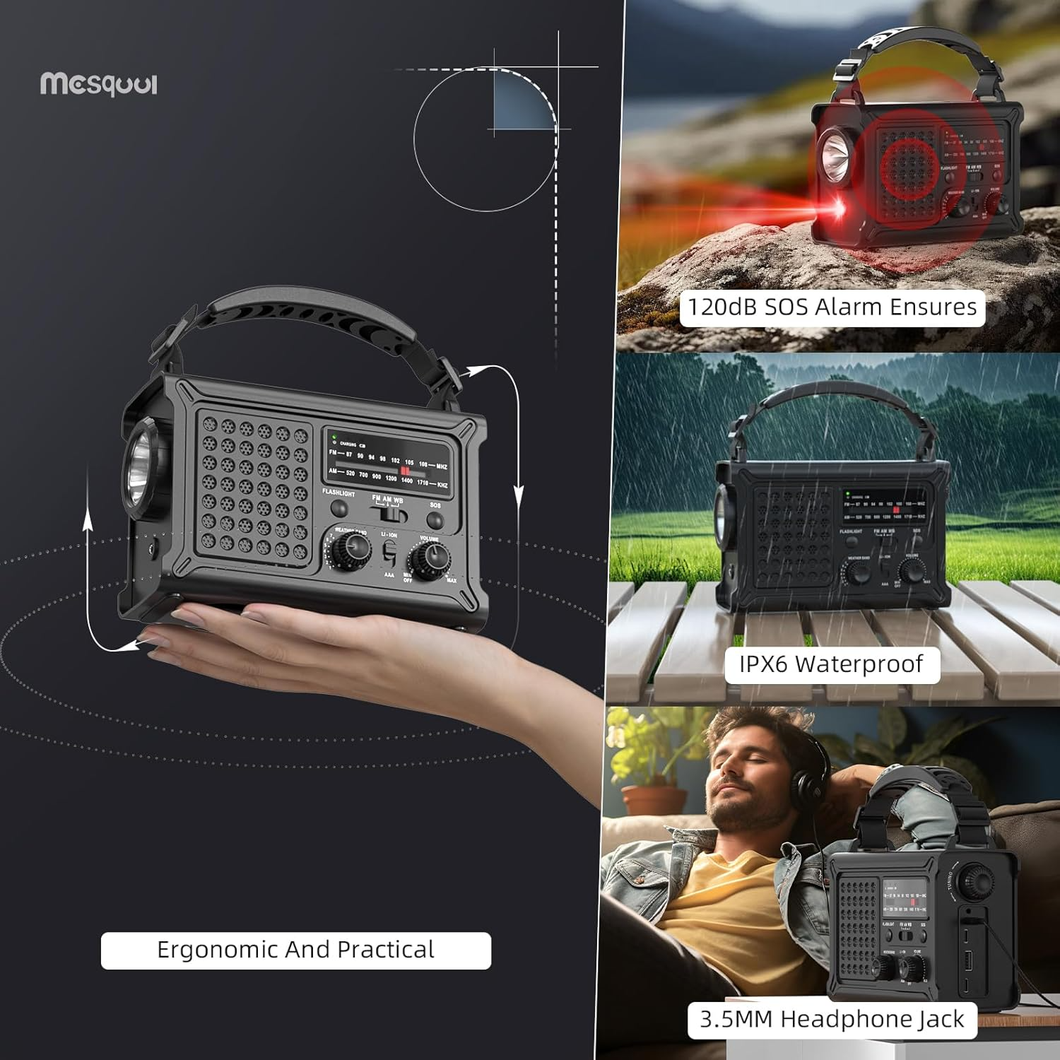Radio de emergencia negro con linterna, SOS y toma de auriculares.