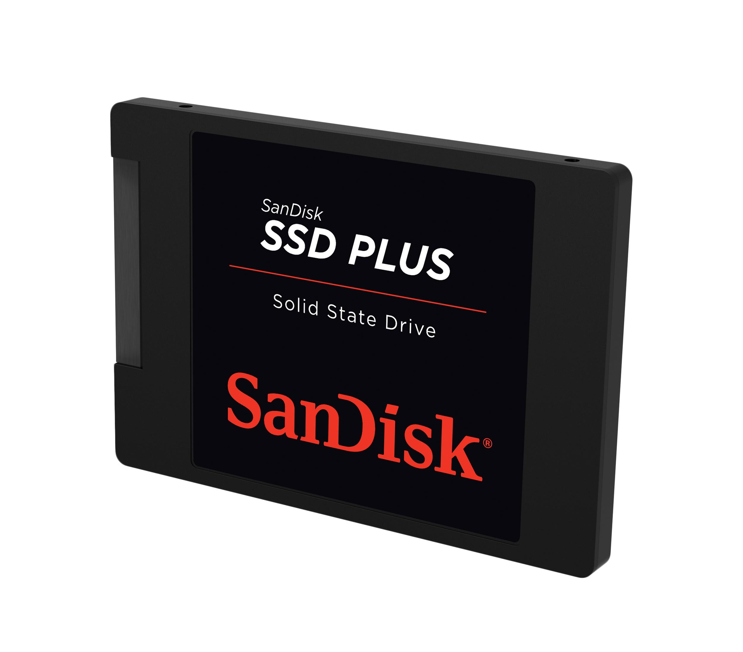 Un Solid State Drive SanDisk SSD PLUS nero su sfondo bianco.