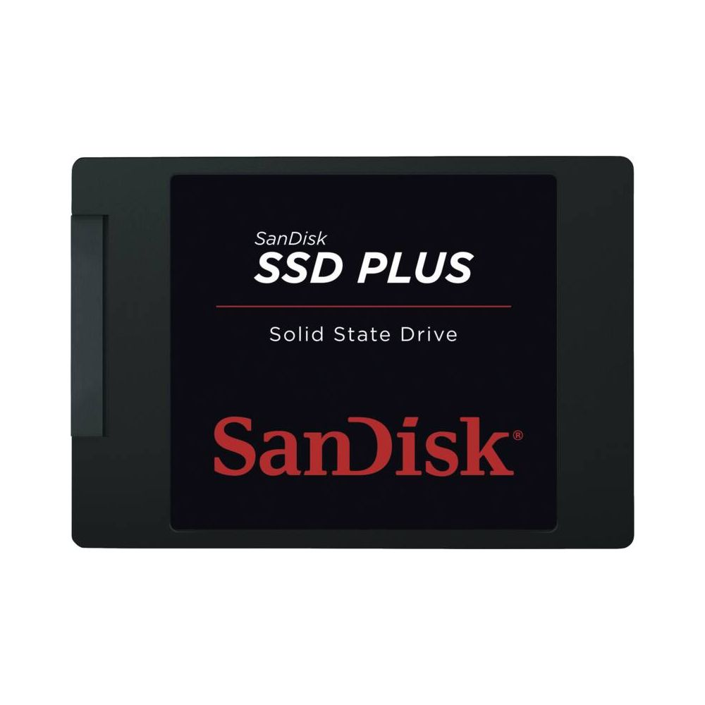 Unità a stato solido SanDisk SSD Plus nera con logo rosso su sfondo nero.