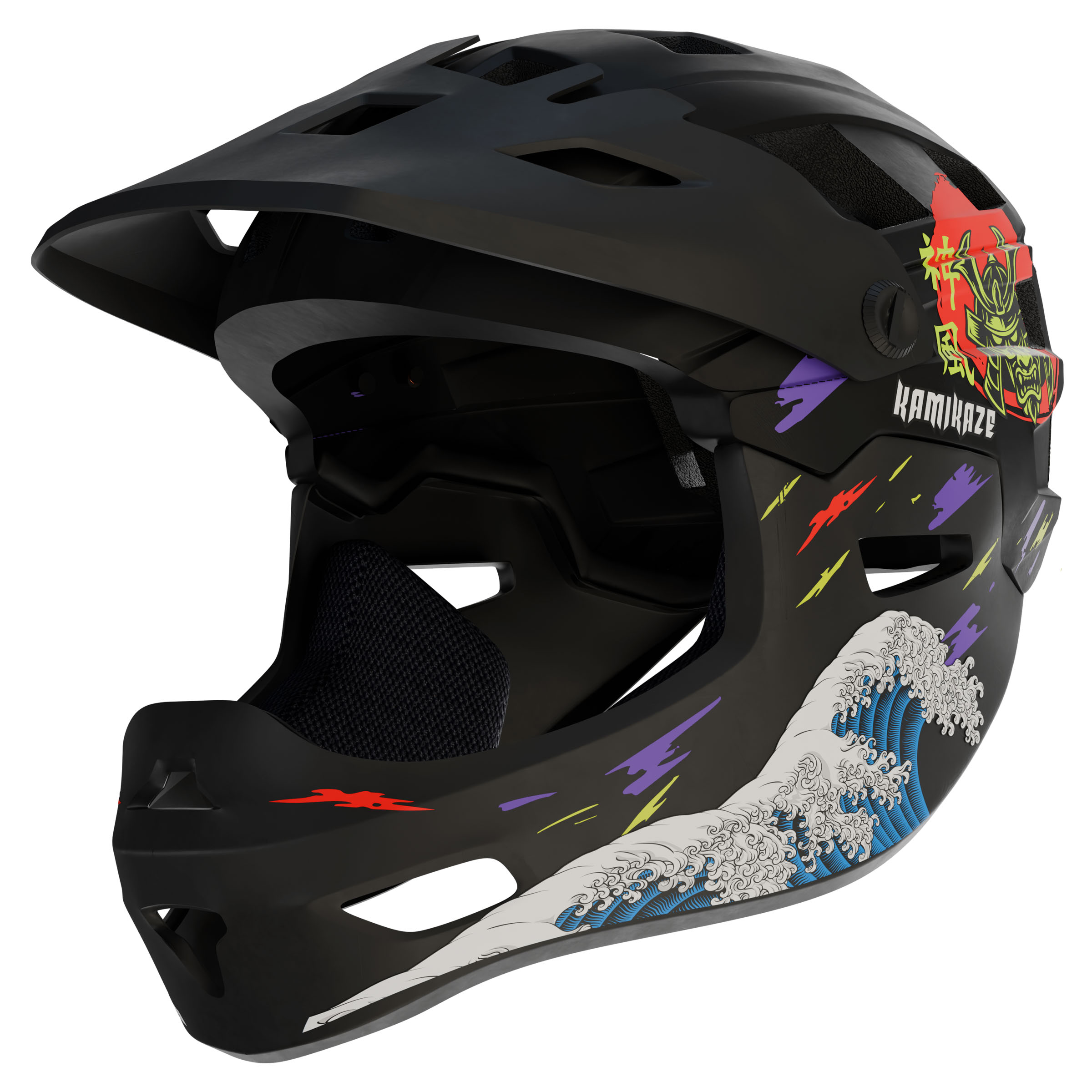 Casco nero con grafiche di onde e samurai, prese d'aria e visiera regolabile.