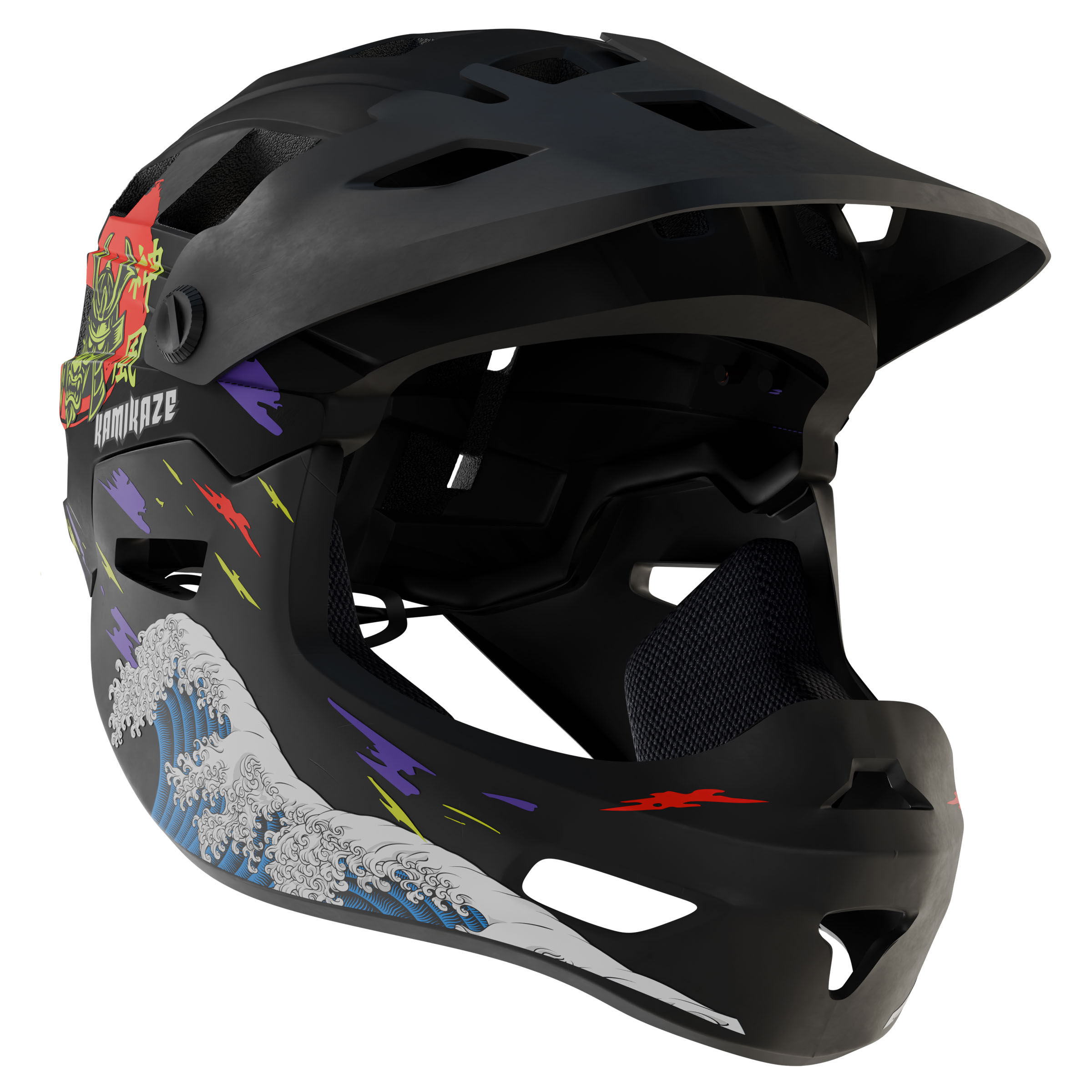 Casco da bicicletta nero con grafica di un'onda e fulmini.