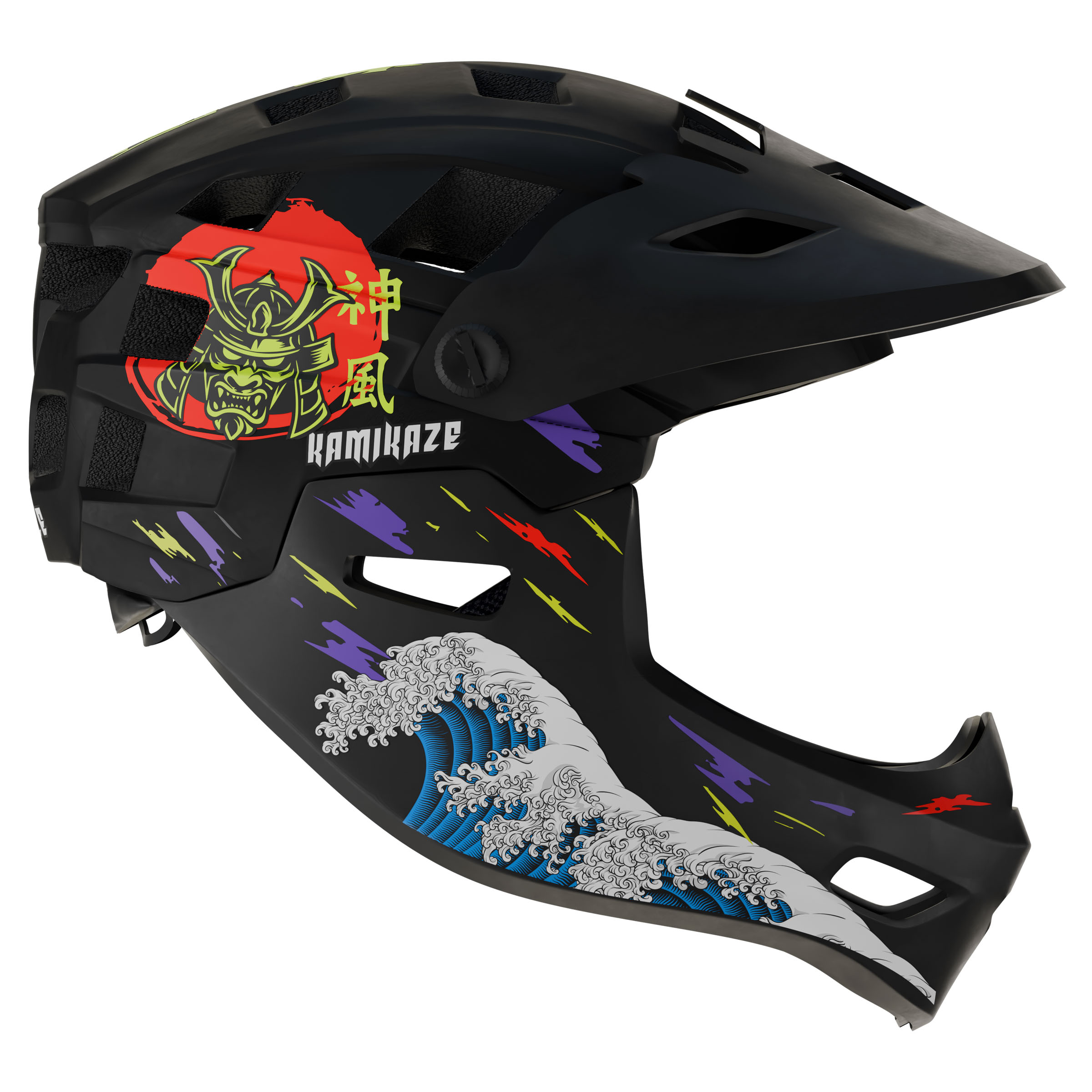 Casco nero con design a onda giapponese e samurai, accenti gialli.