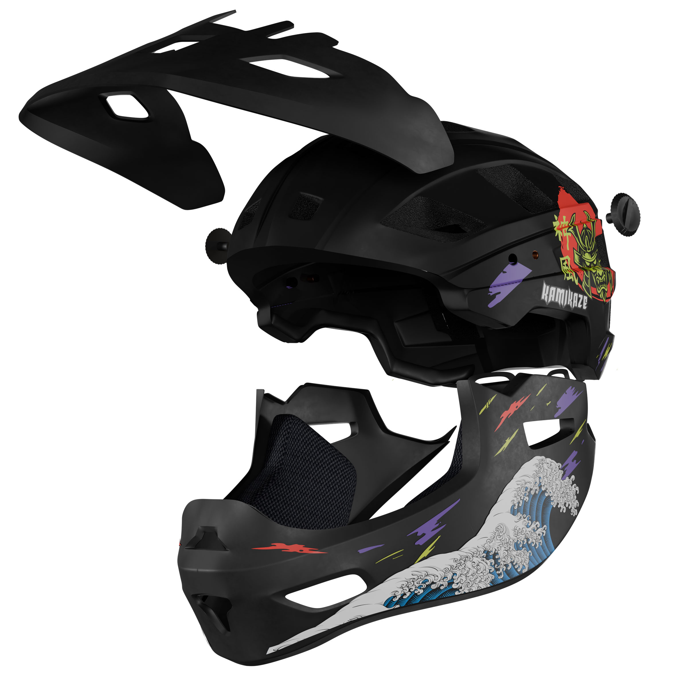 Casco nero smontato con visiera, paravento e grafica onda/samurai.