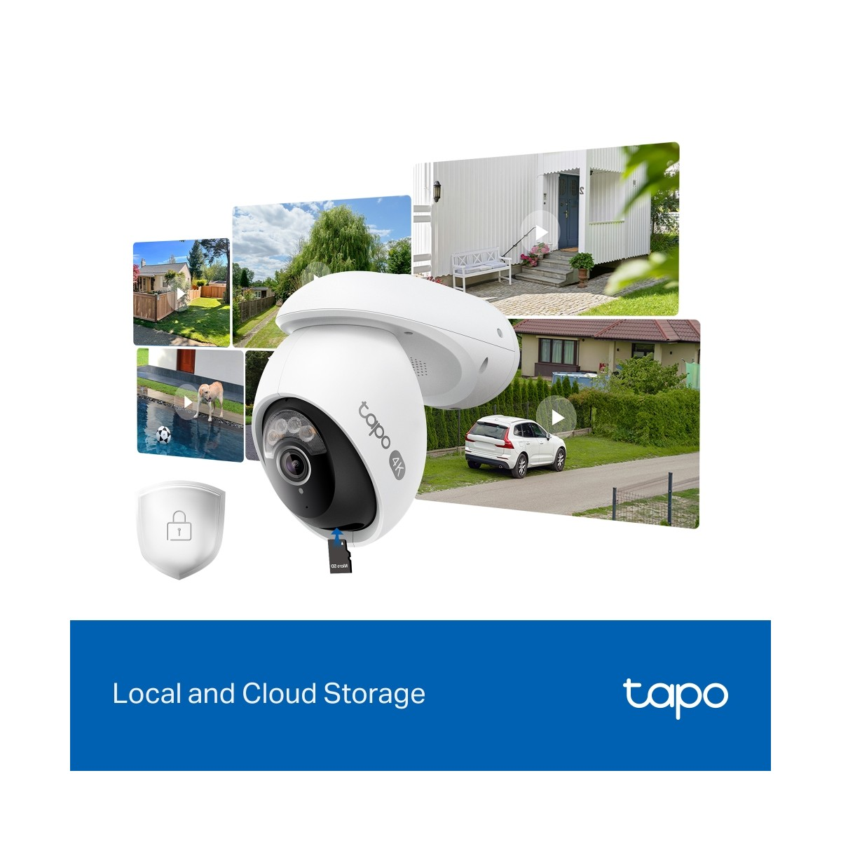 Telecamera Tapo mostra schermate divise di case, giardino, cane e auto. Testo in basso: Archiviazione locale e cloud.