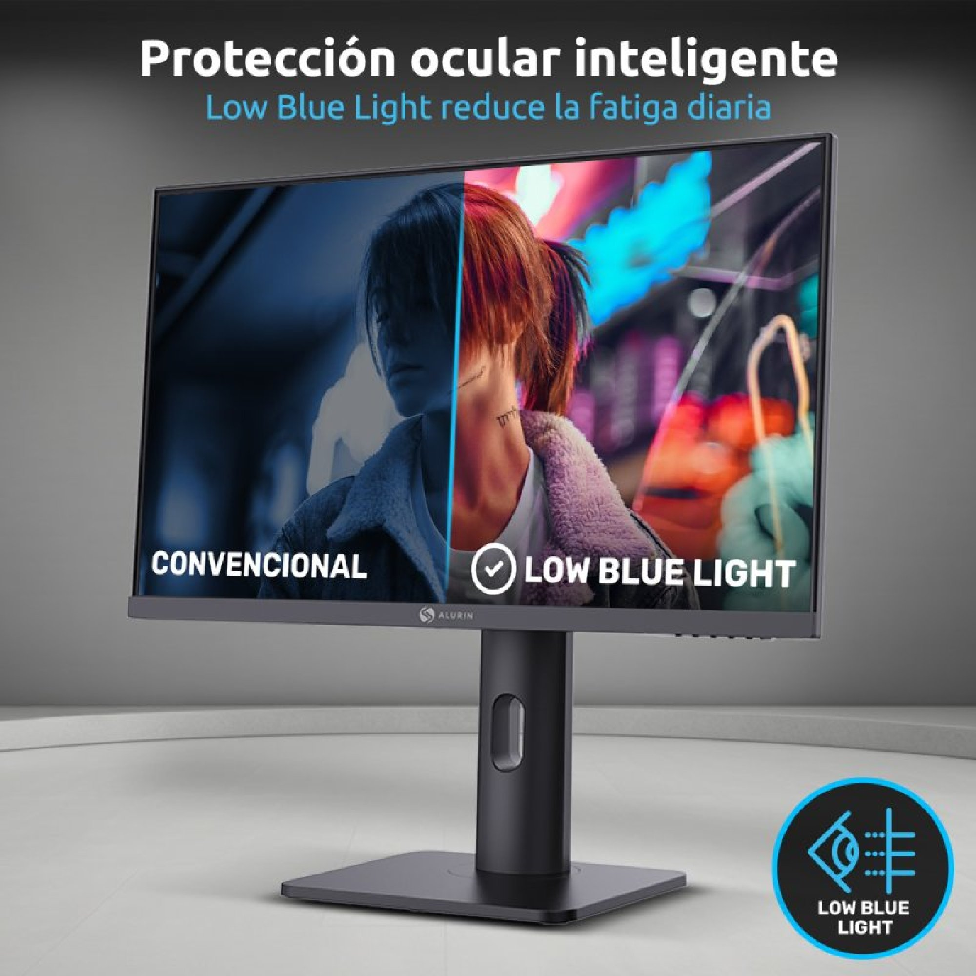 Un monitor mostra una vista divisa di una persona. Lato sinistro 'Convenzionale', lato destro 'Bassa Luce Blu'.