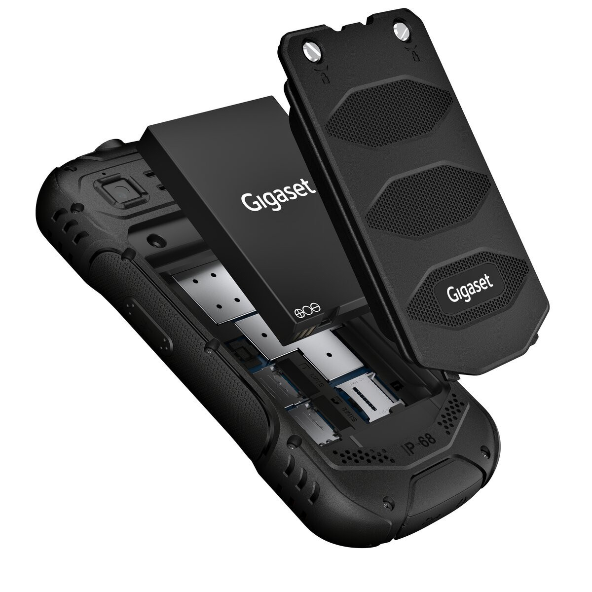 Uno smartphone Gigaset nero con il coperchio posteriore rimosso, che mostra schede SIM e batteria.