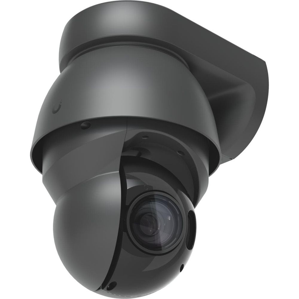 Una telecamera di sicurezza a cupola grigio scuro con obiettivo visibile è montata su una staffa.