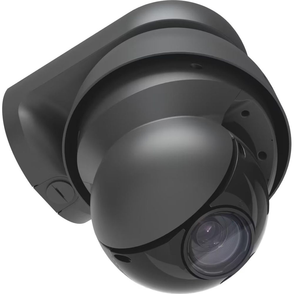 Una telecamera di sicurezza a cupola nera, angolata verso il basso, mostra la lente.