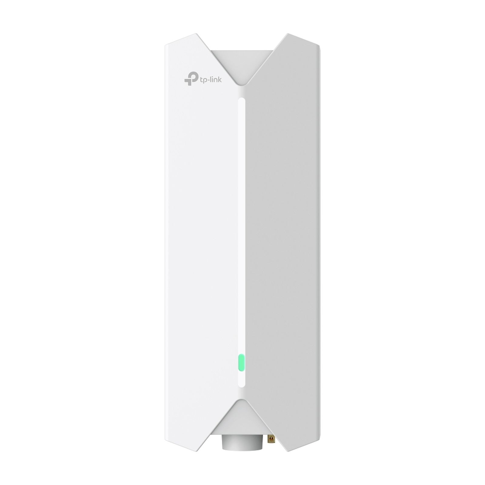 Ein weißes TP-Link-Gerät mit einem grünen Licht steht auf weißem Hintergrund.
