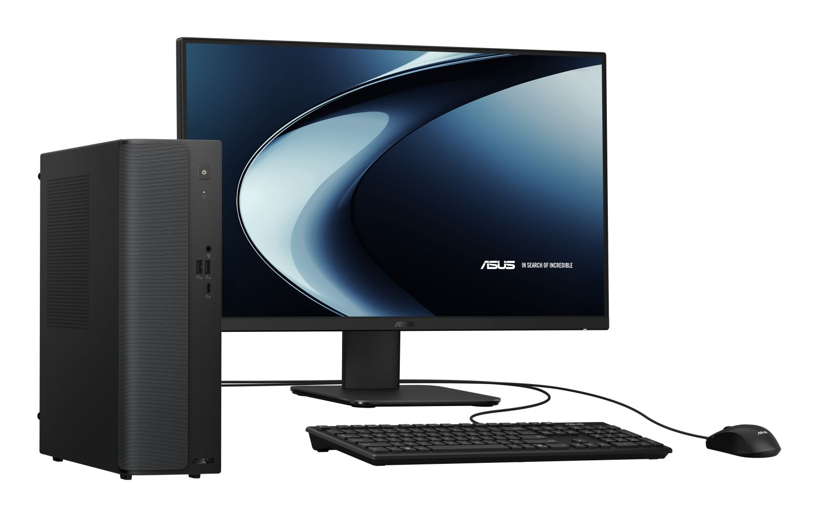 PC, monitor, tastiera e mouse neri con logo ASUS sullo schermo.