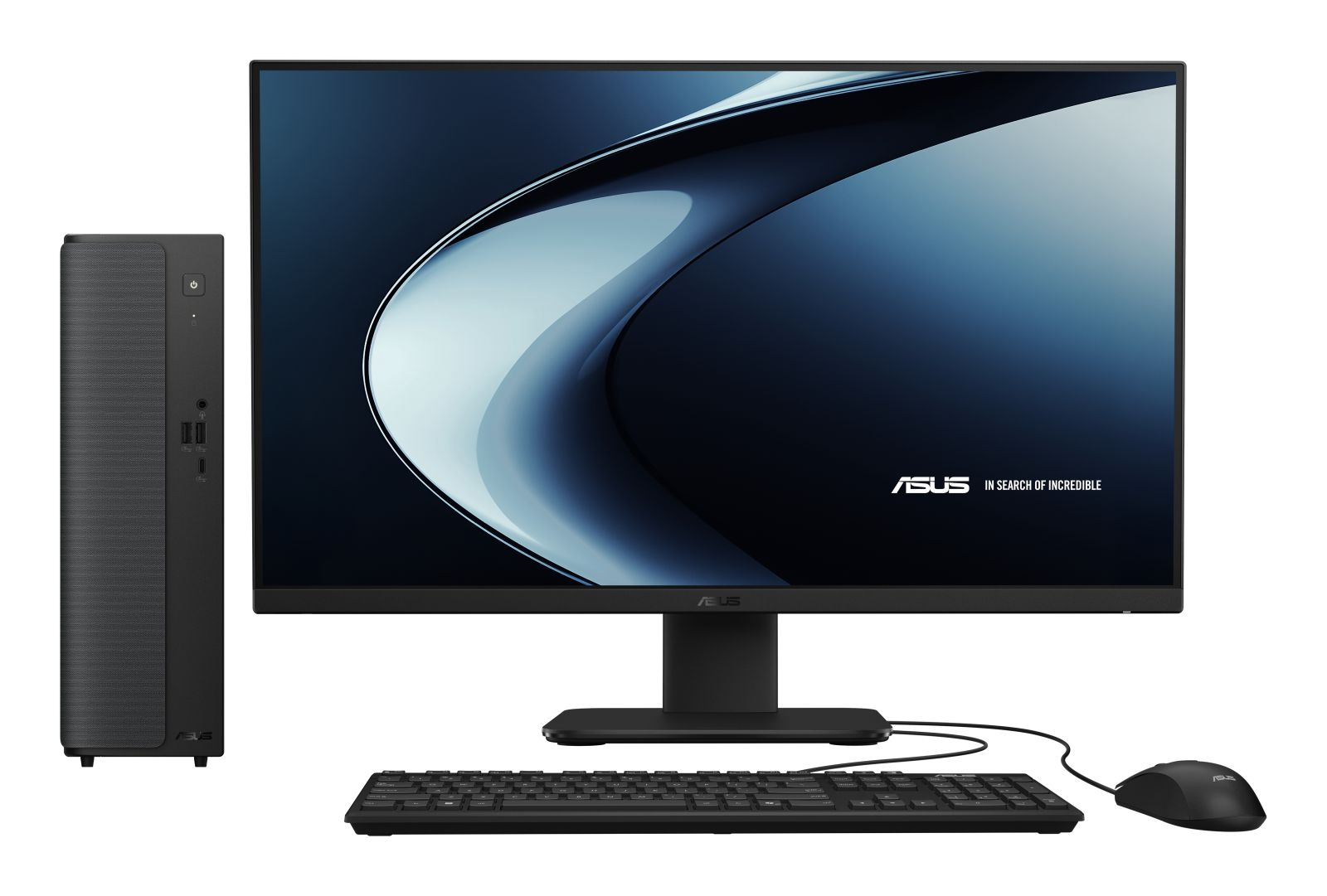 Una torre PC, un monitor, una tastiera e un mouse neri sono visualizzati fianco a fianco.