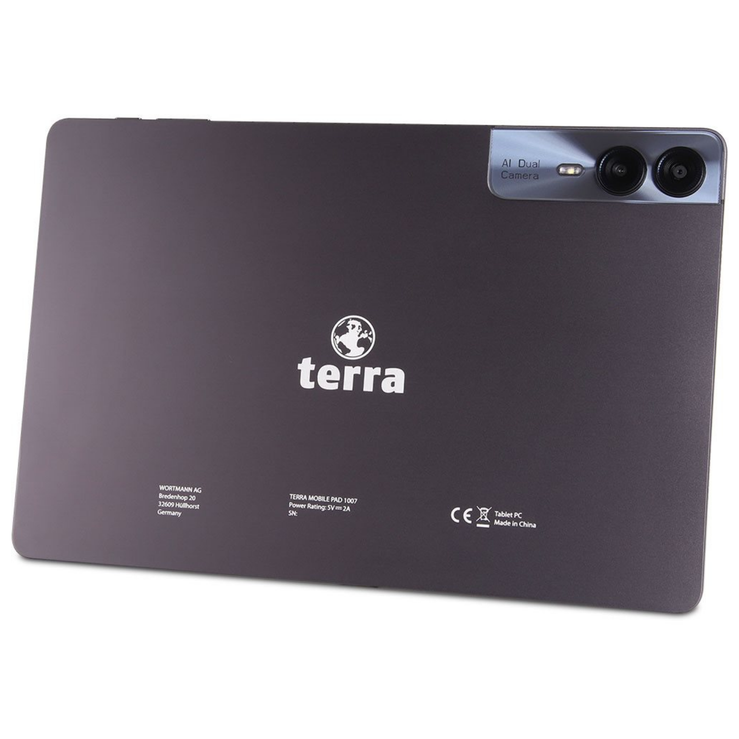 Retro di un tablet Terra grigio scuro con doppia fotocamera AI e dettagli testuali.