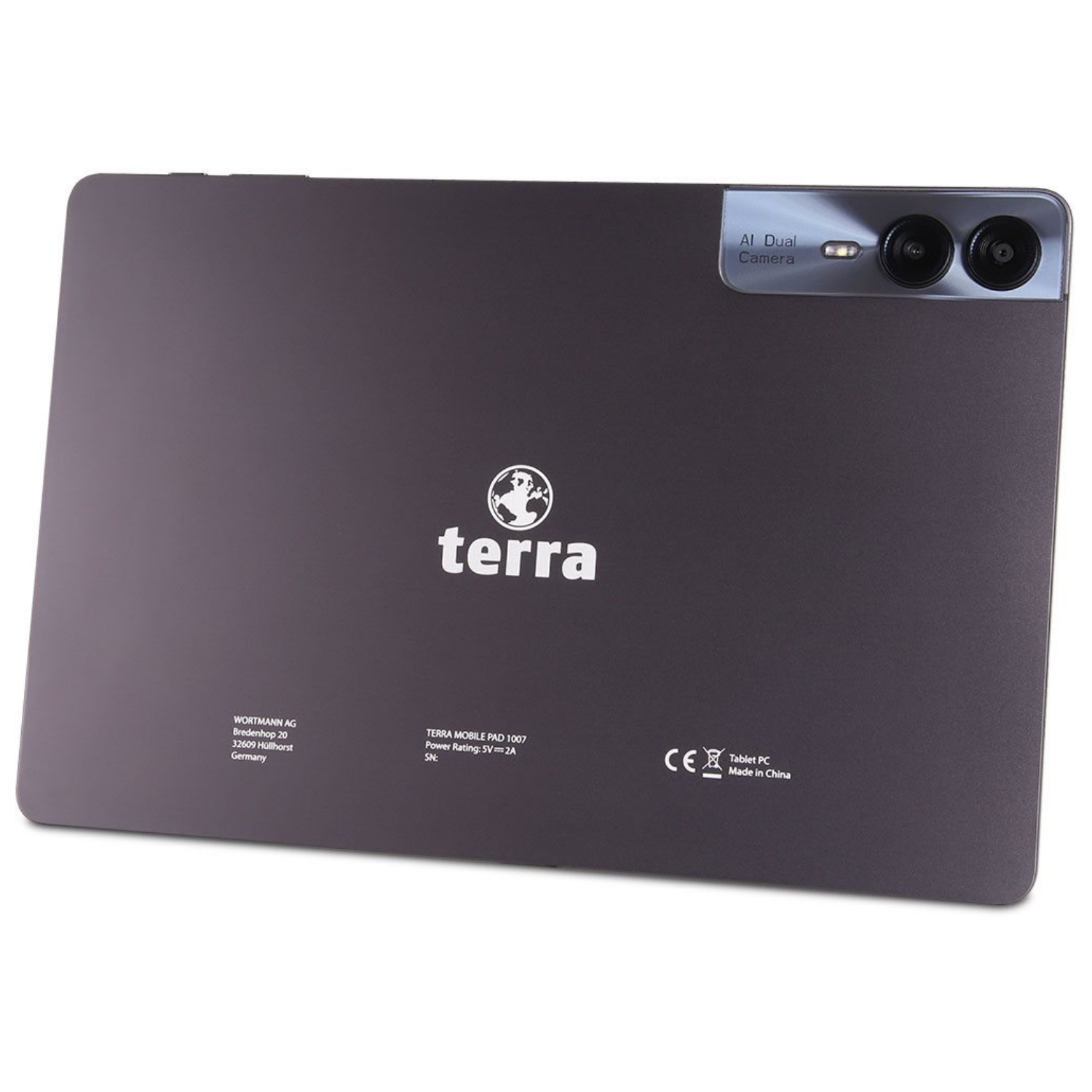 Retro di un tablet Terra grigio con doppia fotocamera e sigilli.