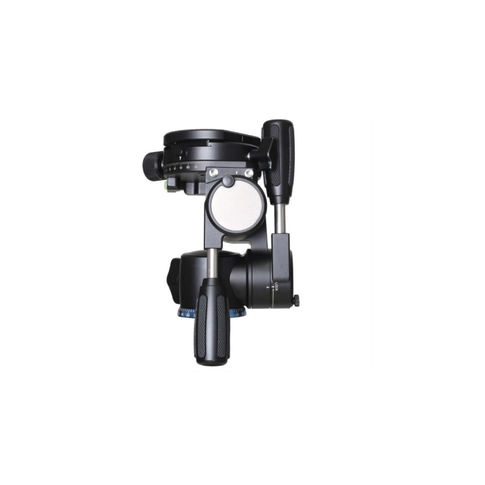 Una testa per fotocamera nera con manopole e scale, su sfondo bianco.