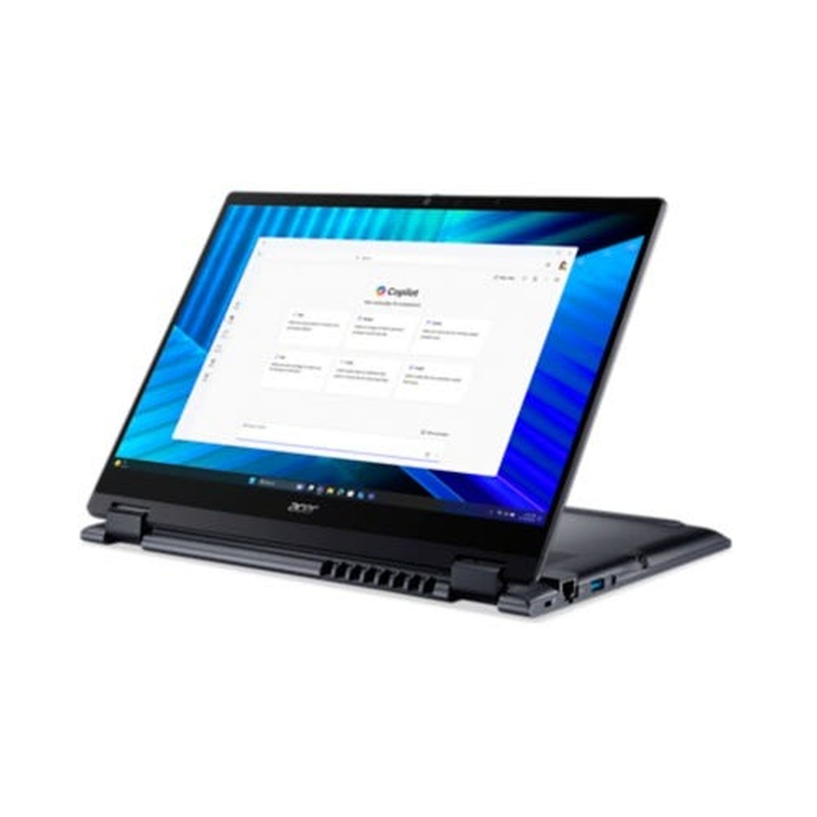 Un portátil Acer gris oscuro está abierto, mostrando una pantalla blanca con texto y fondo azul.