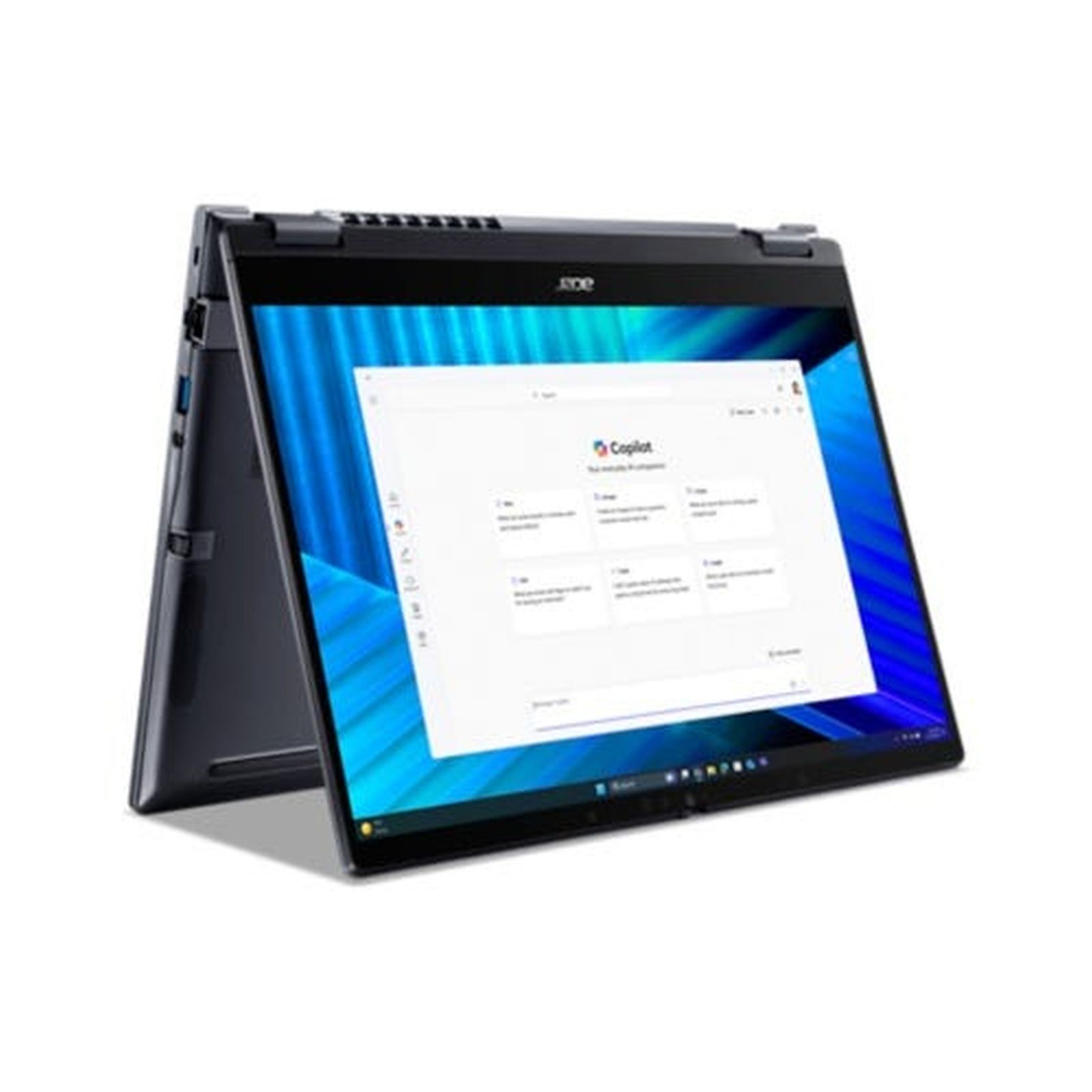 Un portátil convertible Acer oscuro en modo tienda mostrando Copilot.