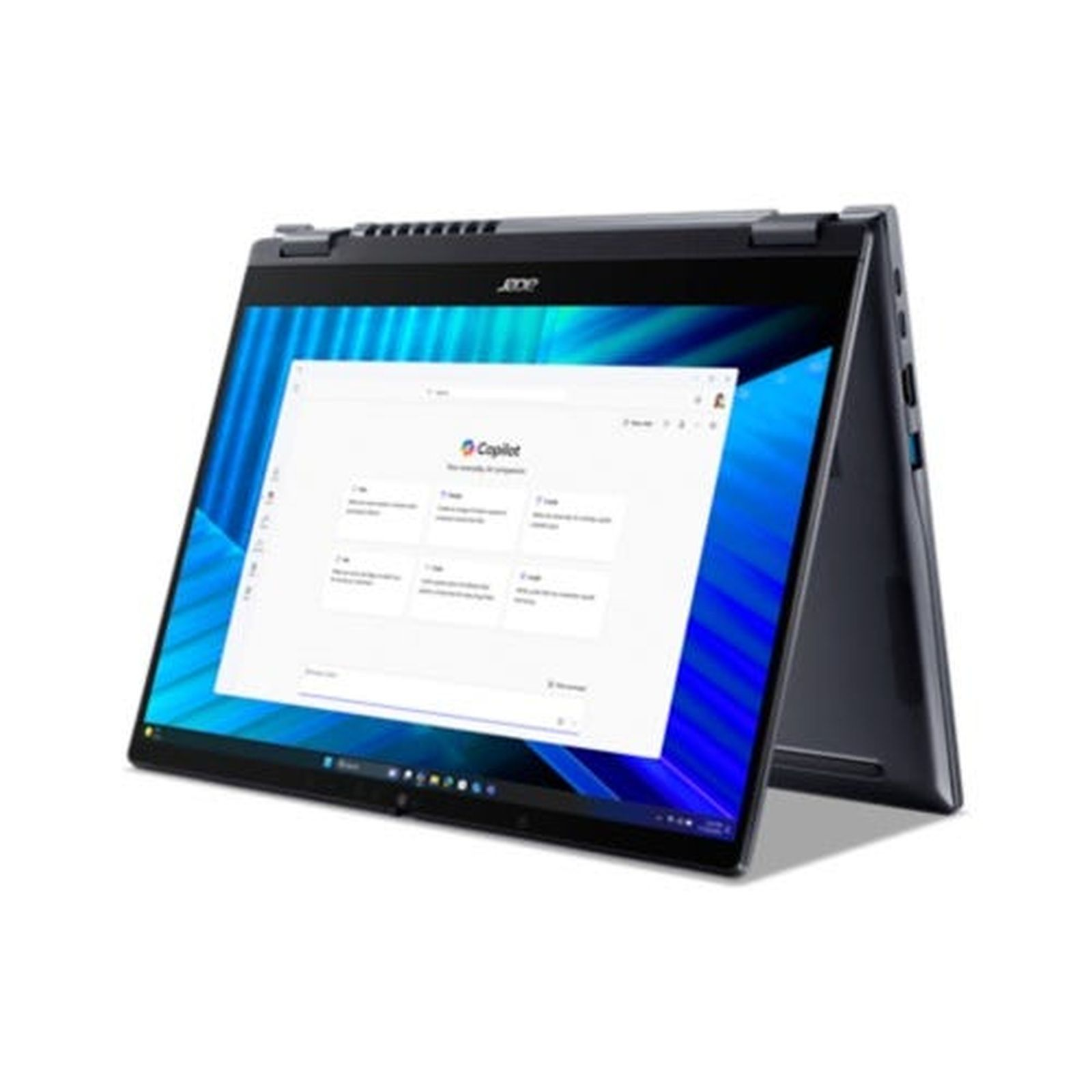 Un portátil Acer gris oscuro está abierto, mostrando una web con gráficos ondulados azules y una interfaz 'Copilot'.