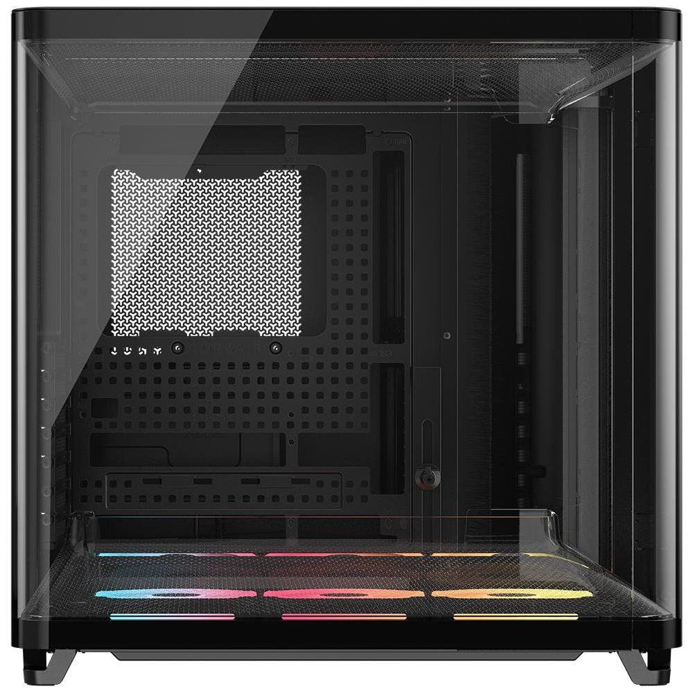 Boîtier d'ordinateur noir avec façade en verre et éclairage RVB en bas.