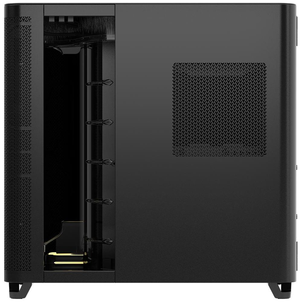Boîtier d'ordinateur noir avec panneau latéral ventilé et zone avant ouverte.