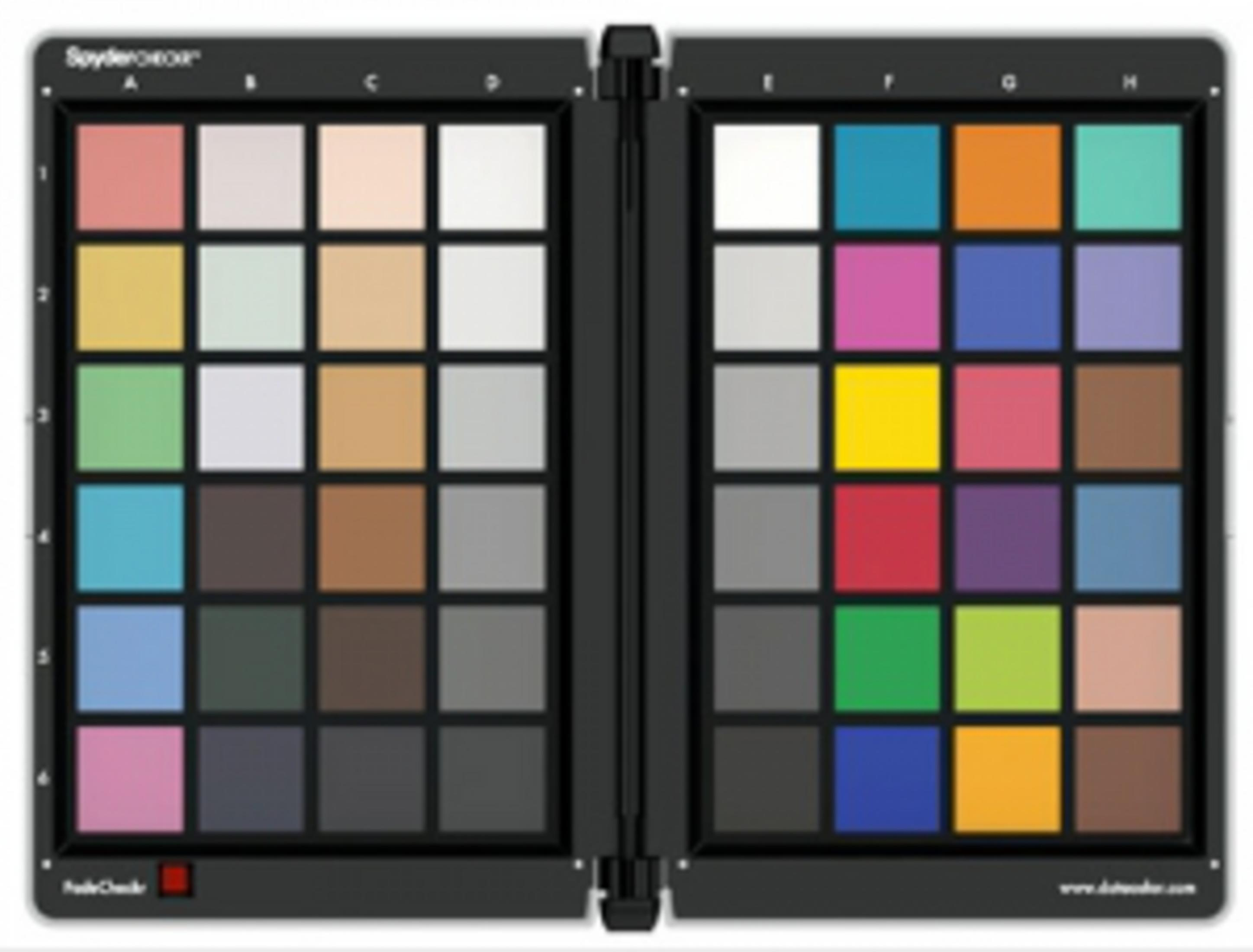 Un calibratore di colori aperto con molti quadrati colorati su due lati.