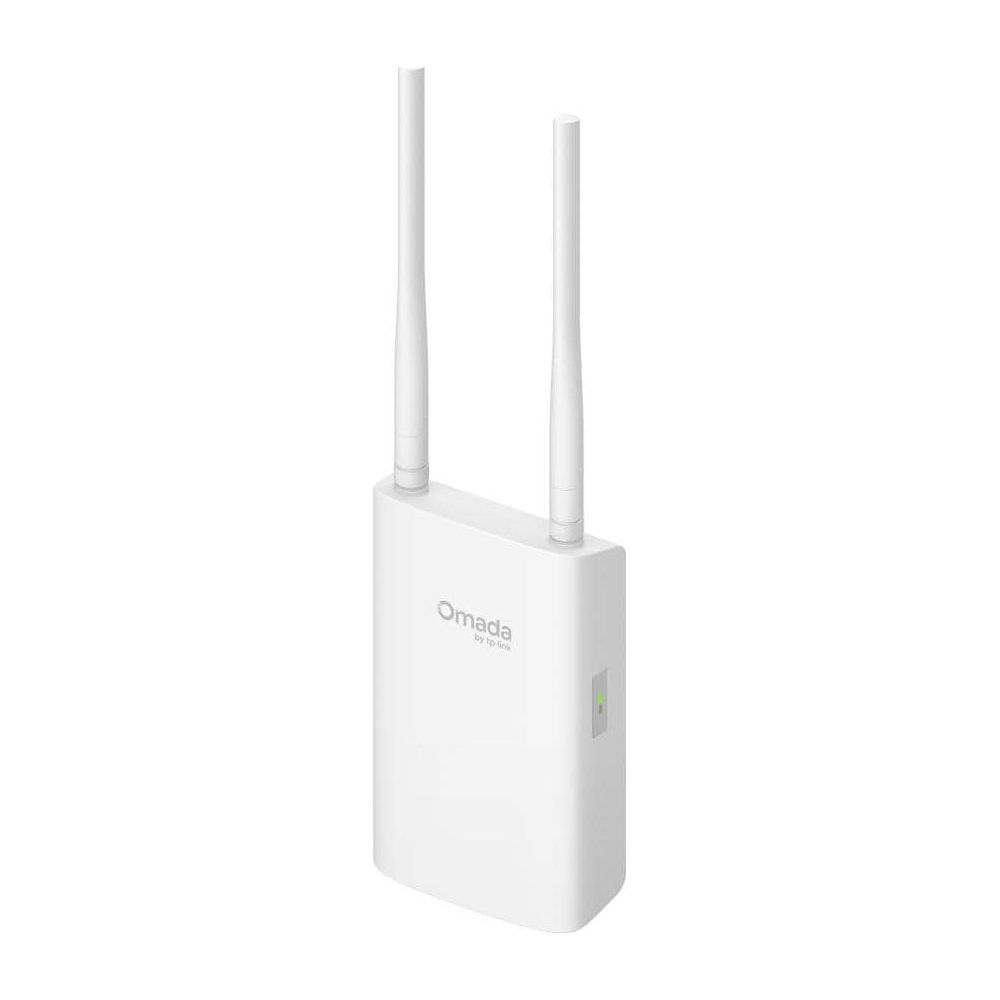 Biały router Wi-Fi Omada z dwiema antenami, na białym tle.