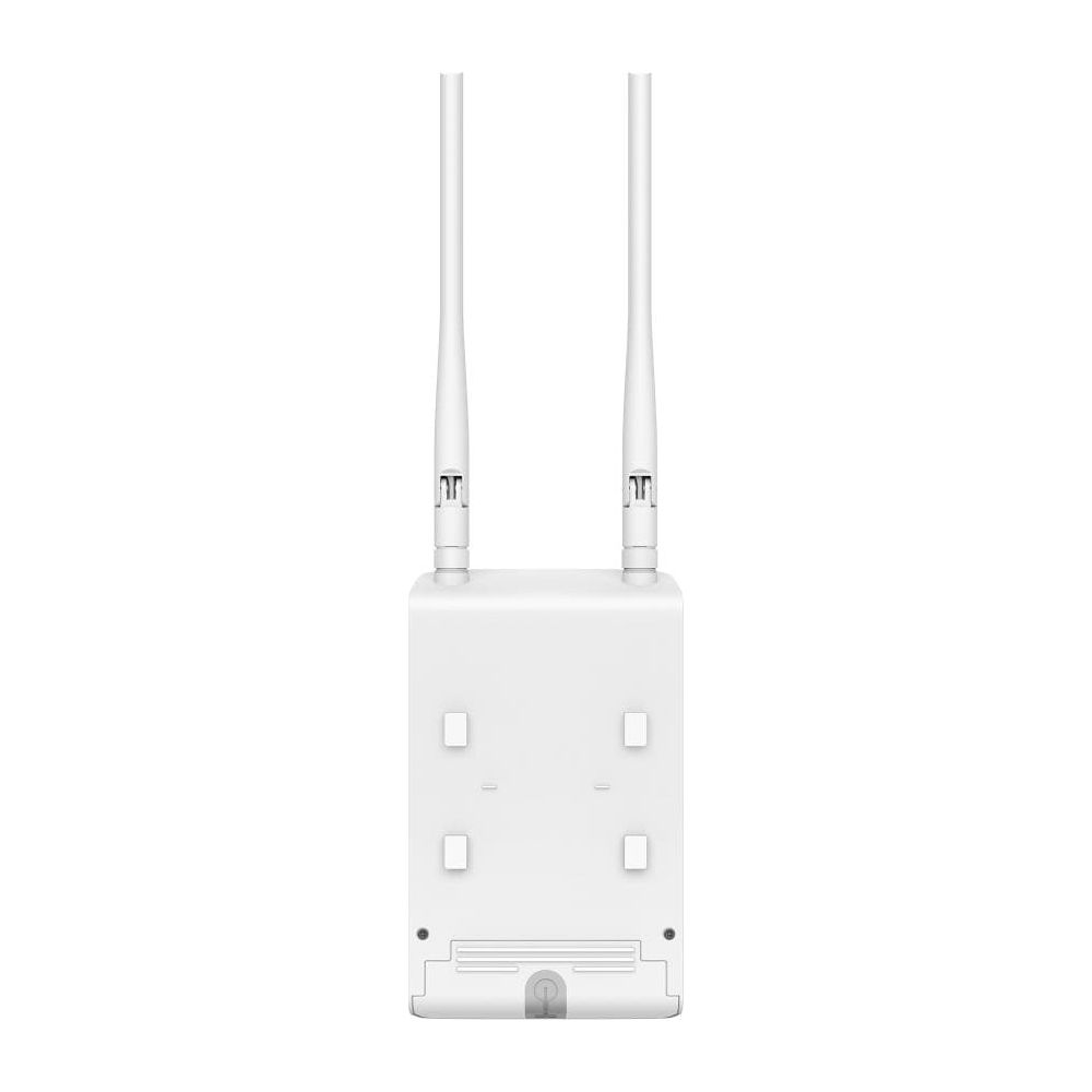 Biały router z dwiema antenami, portami z tyłu i otworami montażowymi.