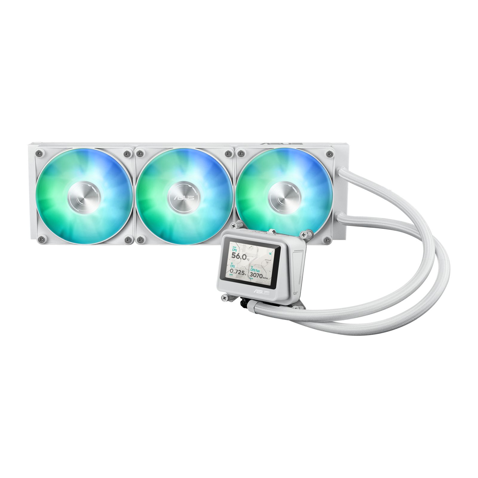 Un enfriador de CPU blanco con tres ventiladores iluminados y una pequeña pantalla LCD.